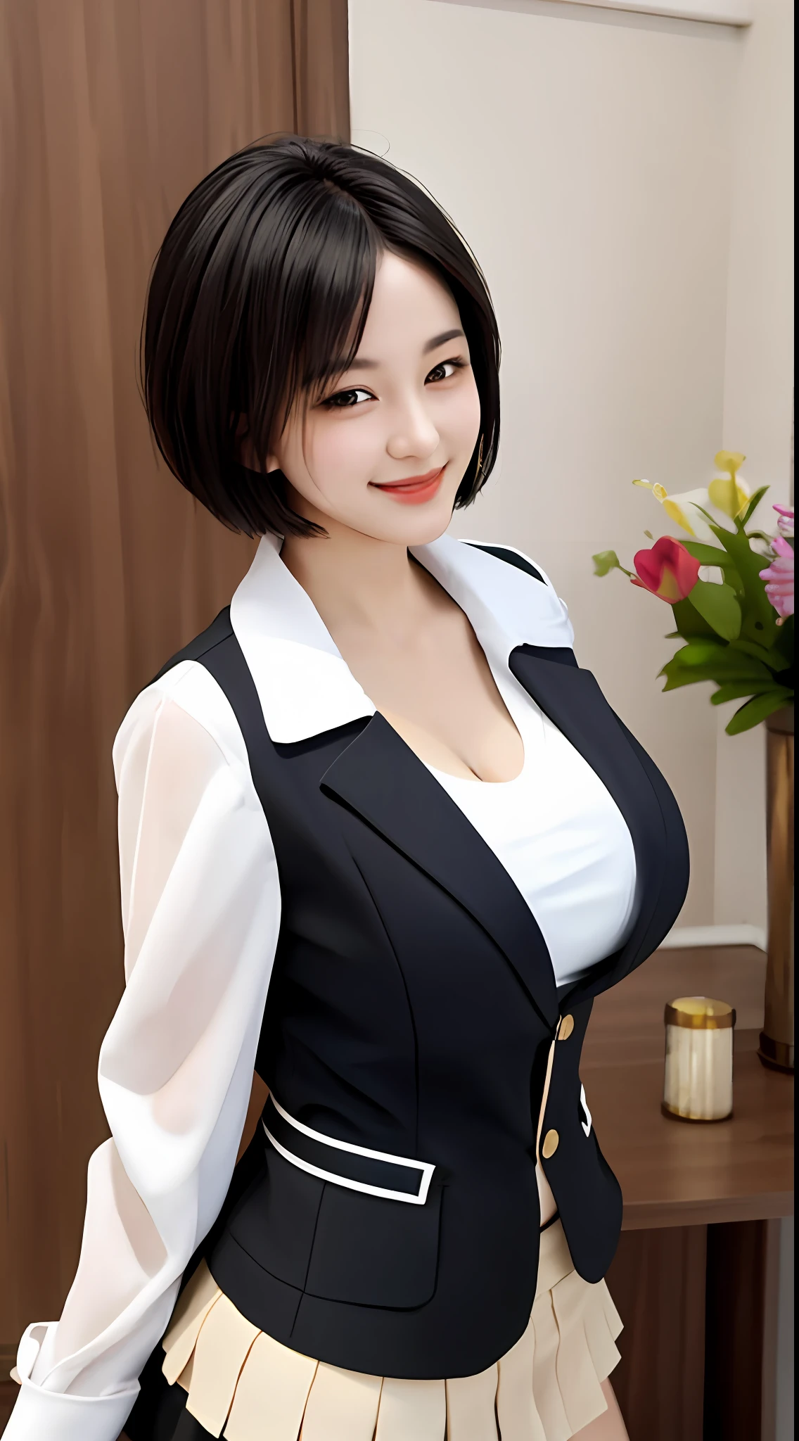 Top Quality, Masterpiece, 1 Girl, Beautiful Face, Large Breasts, Upper Body, Black Hair, Short Hair, Uniform, Smile, Beautiful Butt, Perfect Body, Crisp Double, Cleavage