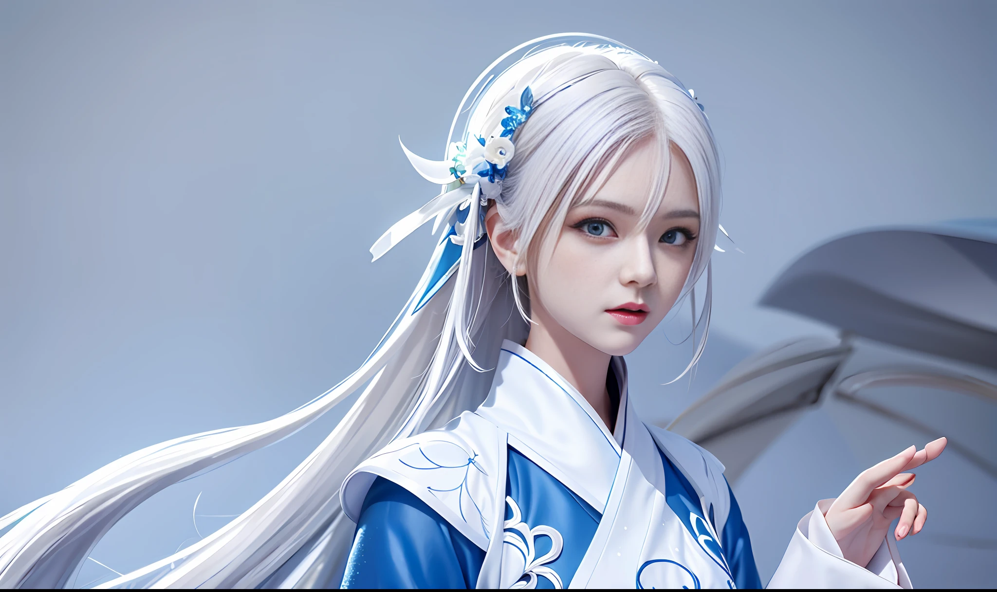 Excellent, masterpiece, white hair, blue eyes, upper body, stunning background, 1 woman, white Hanfu,