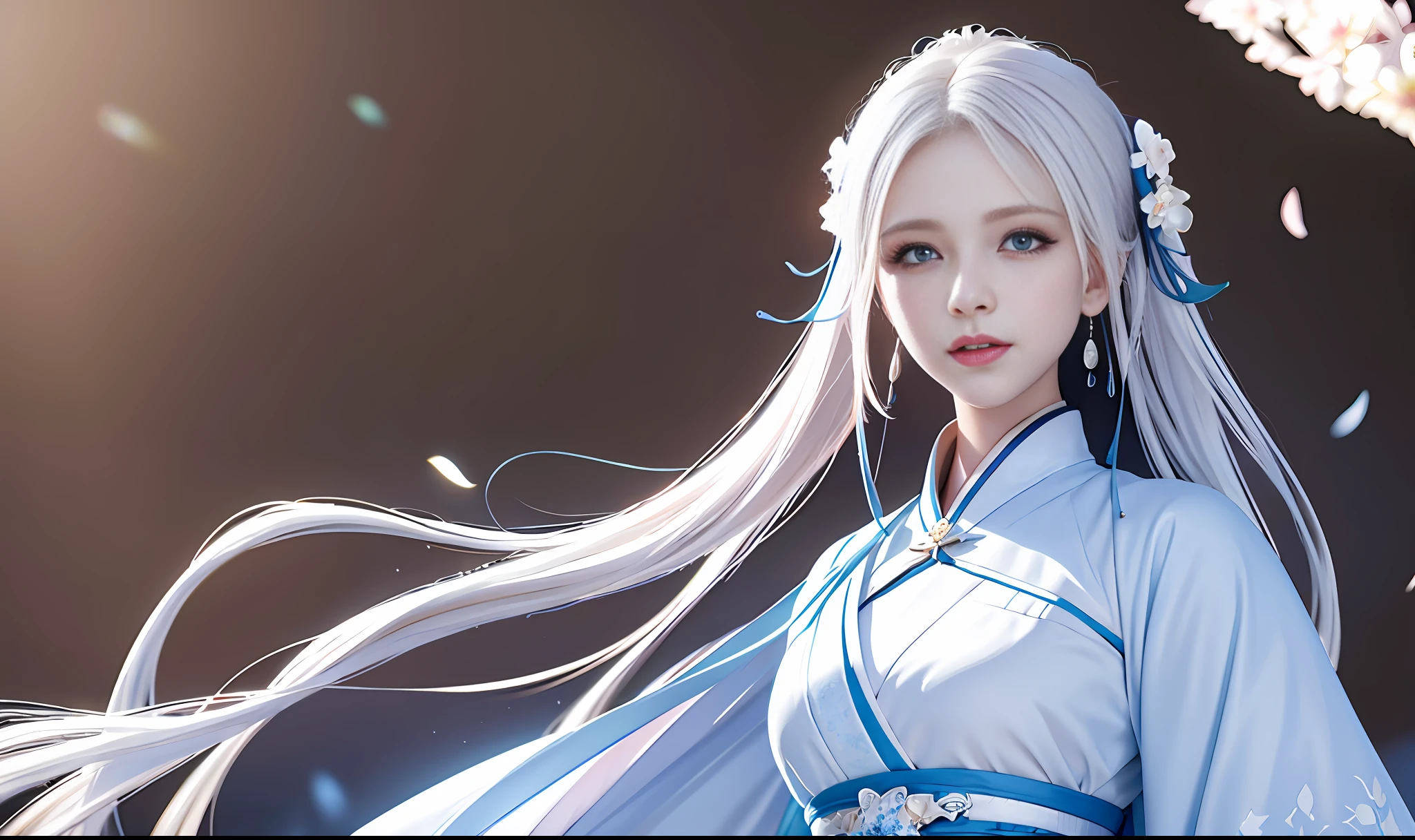 Excellent, masterpiece, white hair, blue eyes, upper body, stunning background, 1 woman, white Hanfu,