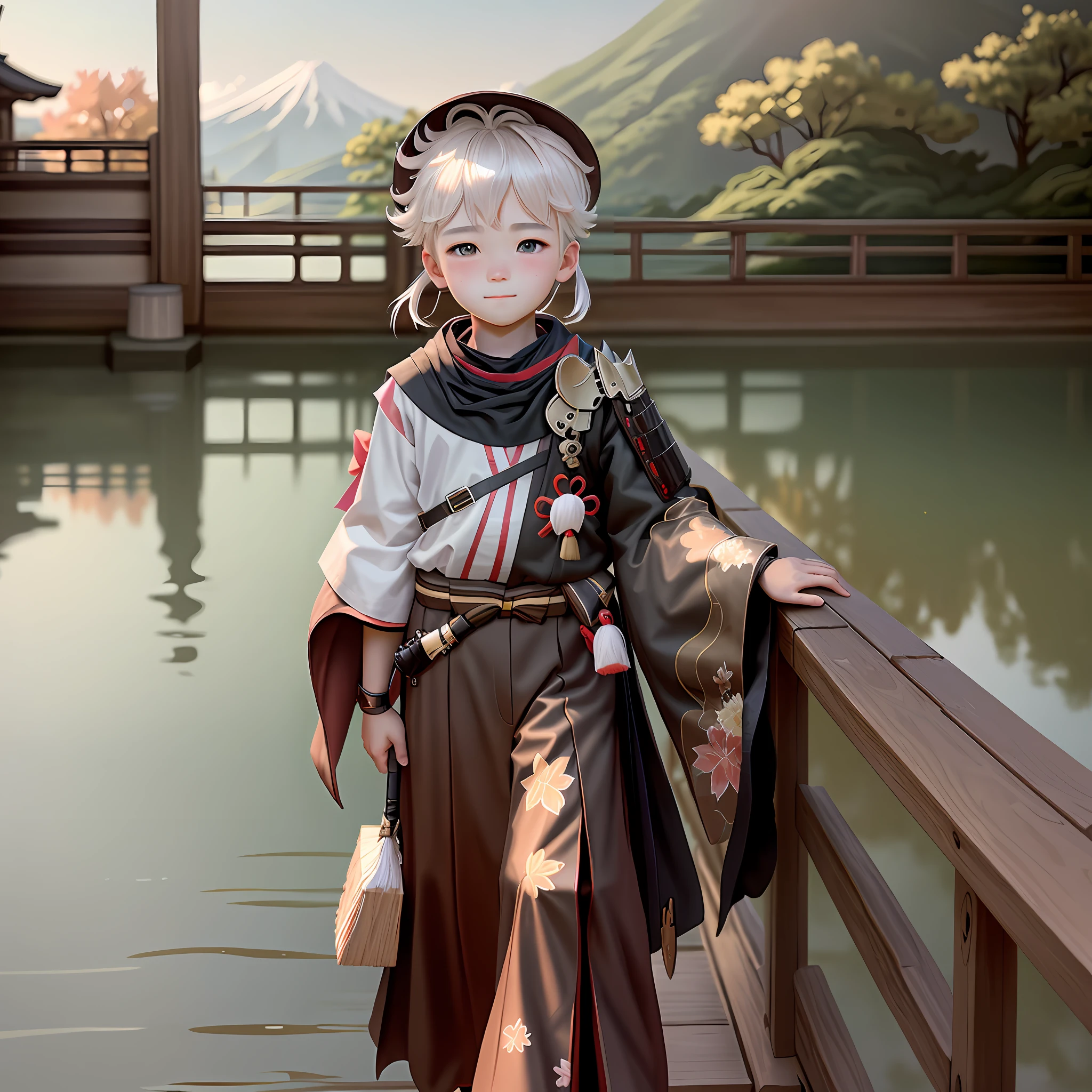 Masterpiece, Best Quality, 1 boy, solo, full-length, looks at the viewer with loving eyes, blushes, blush on cheeks, background Japanese landscape
