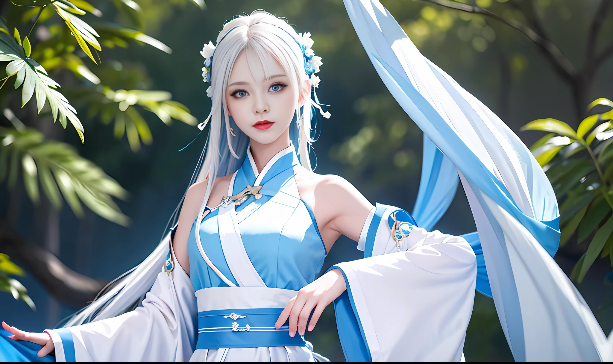 Excellent, masterpiece, white hair, blue eyes, upper body, stunning background, 1 woman, white Hanfu,
