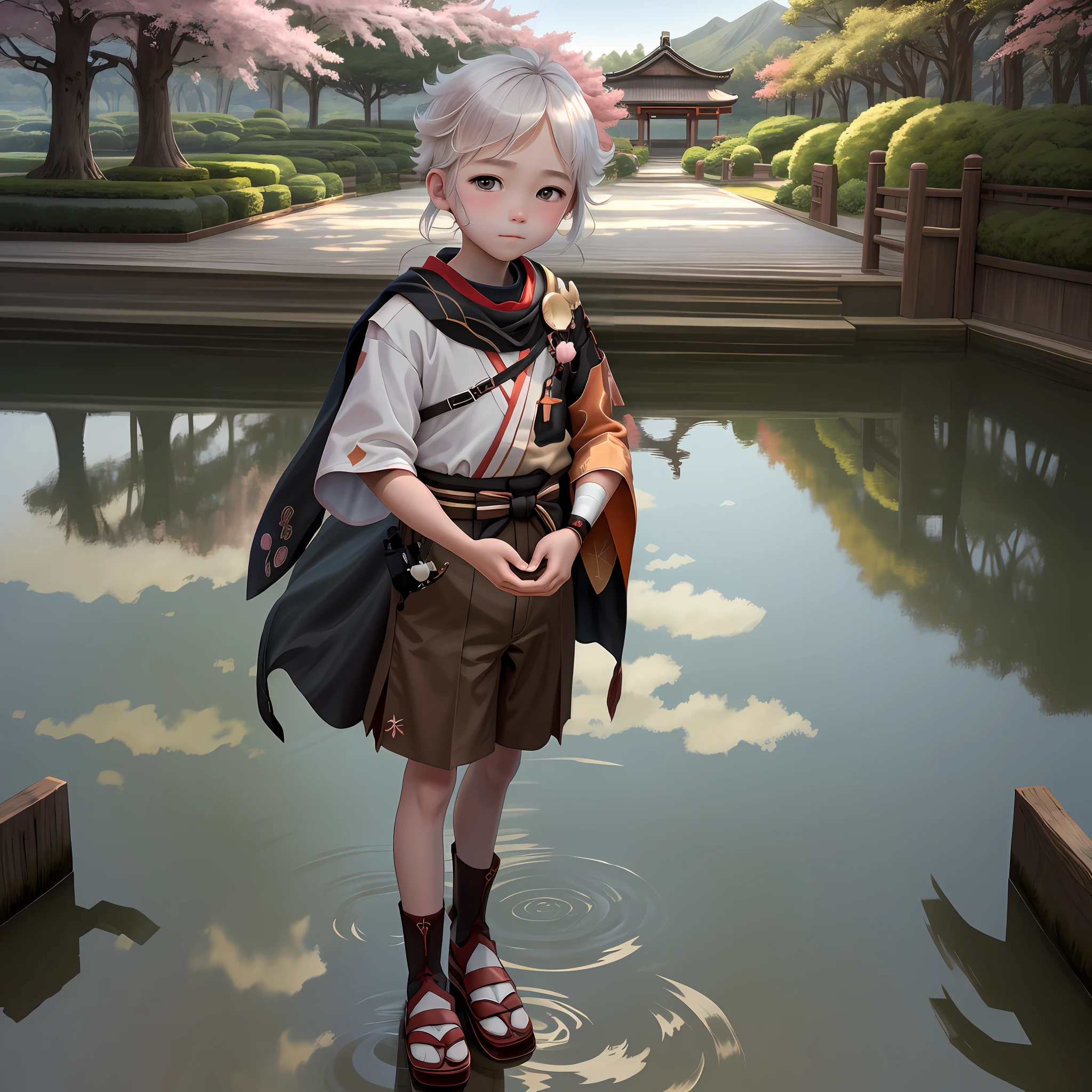 Masterpiece, Best Quality, 1 boy, solo, full-length, looks at the viewer with loving eyes, blushes, blush on cheeks, background Japanese landscape