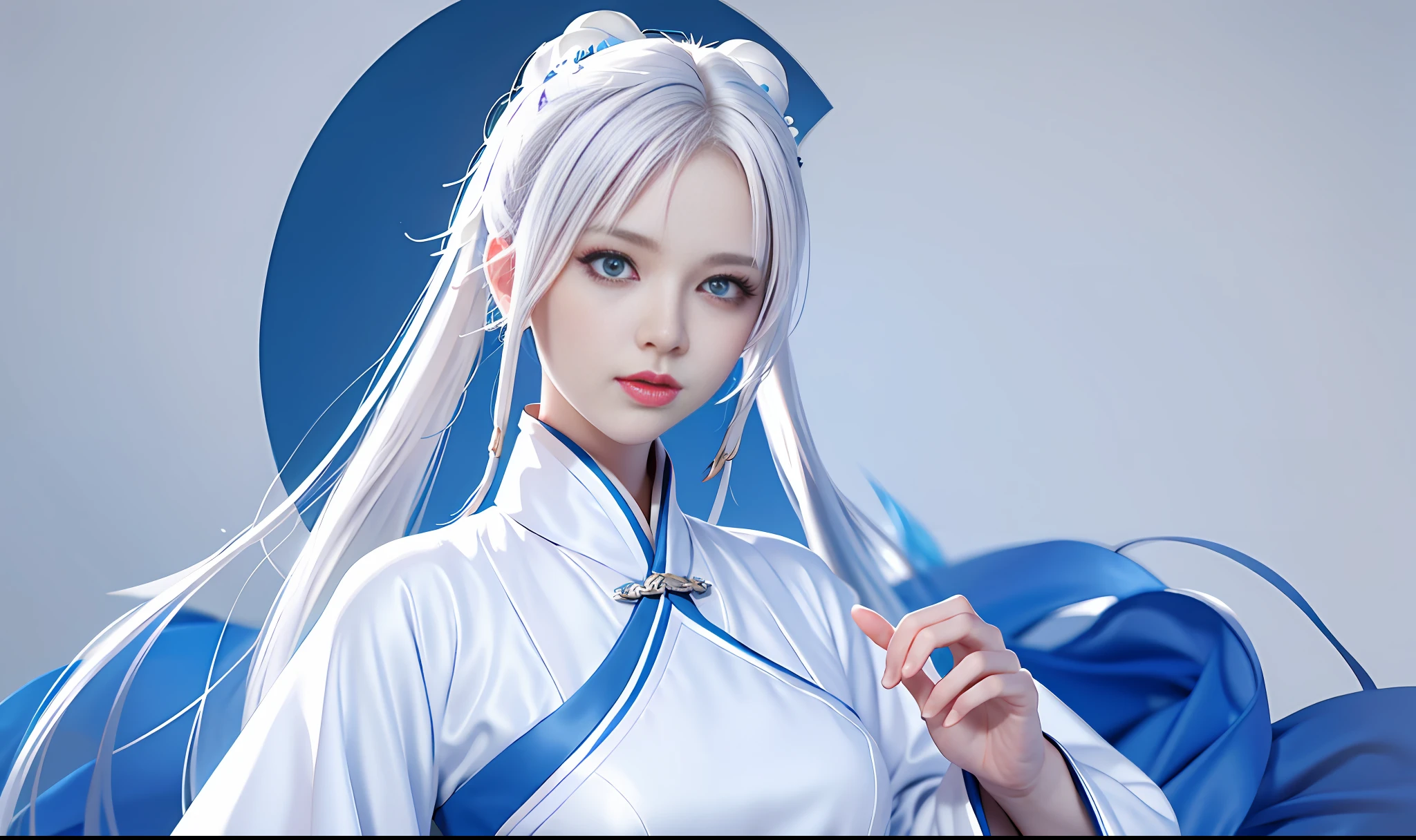 Excellent, masterpiece, white hair, blue eyes, upper body, stunning background, 1 woman, white Hanfu,