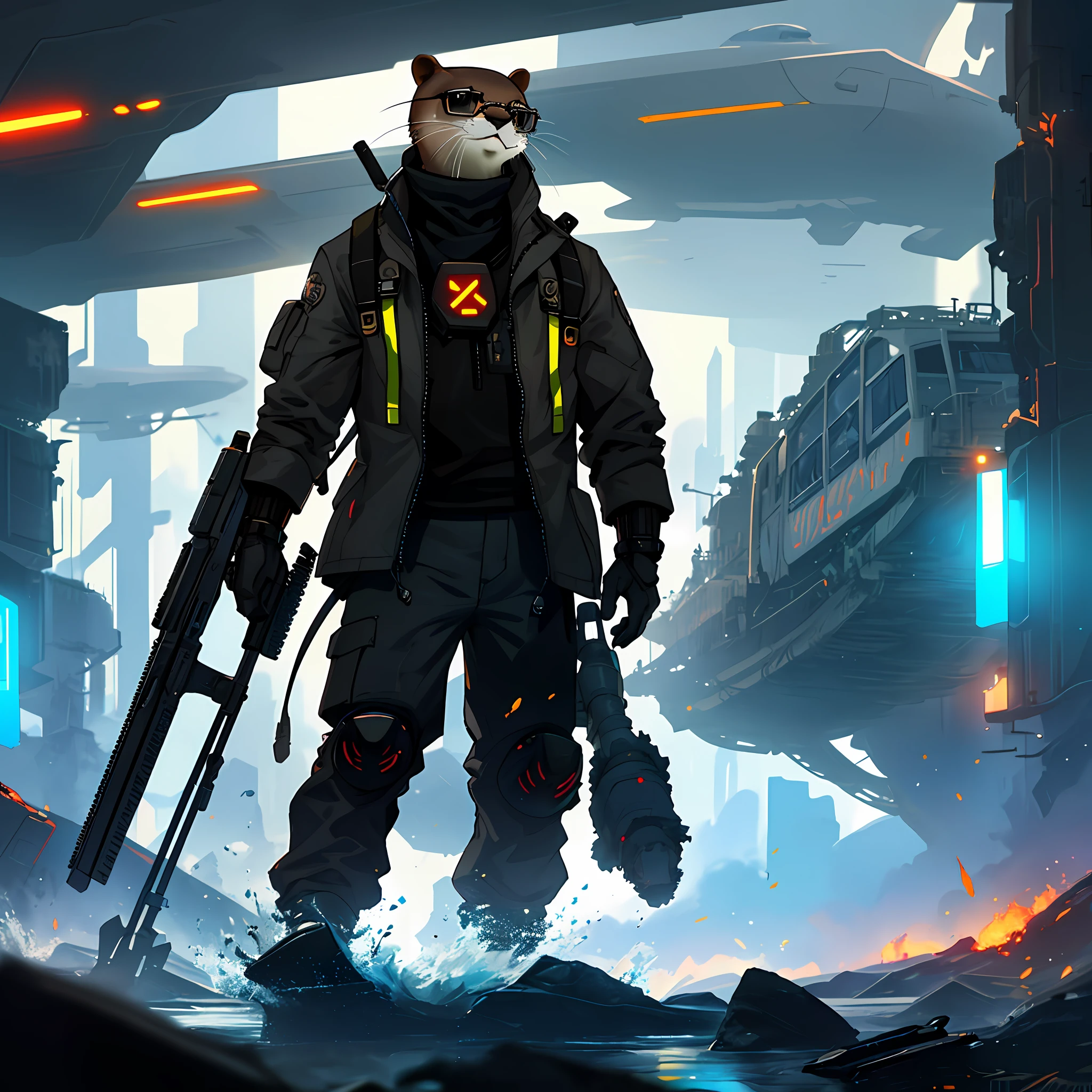 Otter with futuristic glasses, standing, destroyed background, black smoke, 8k quality, cinematic focus, vivid colors, dramatic