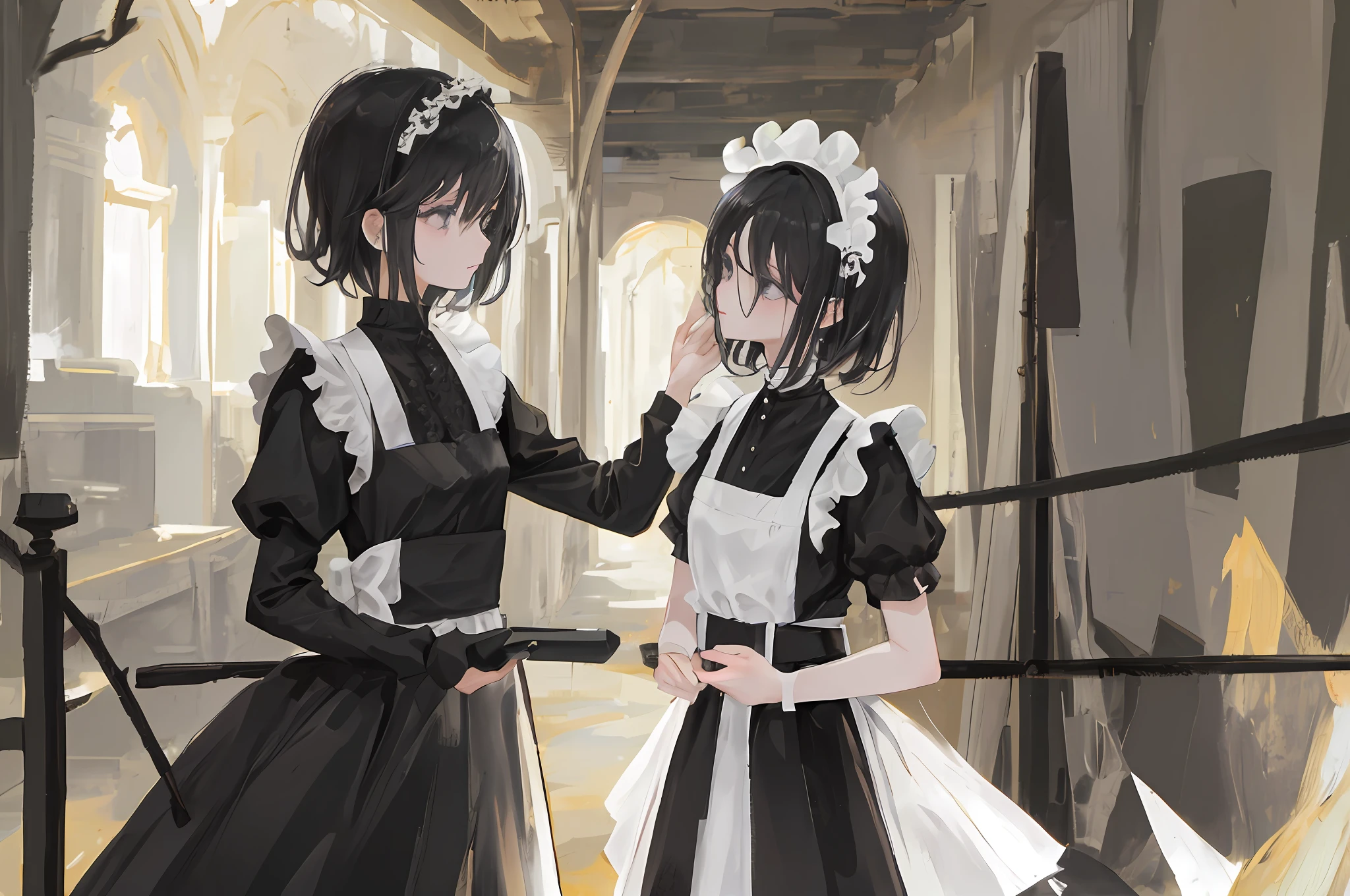 masterpice, (best quality), ((best detailed)), depth of field, sfw, a beautiful girl, black hair, bobbed short hair, black eyes, gothic, black gothic dress, maid, naked face, clothed_covered body, in mansion