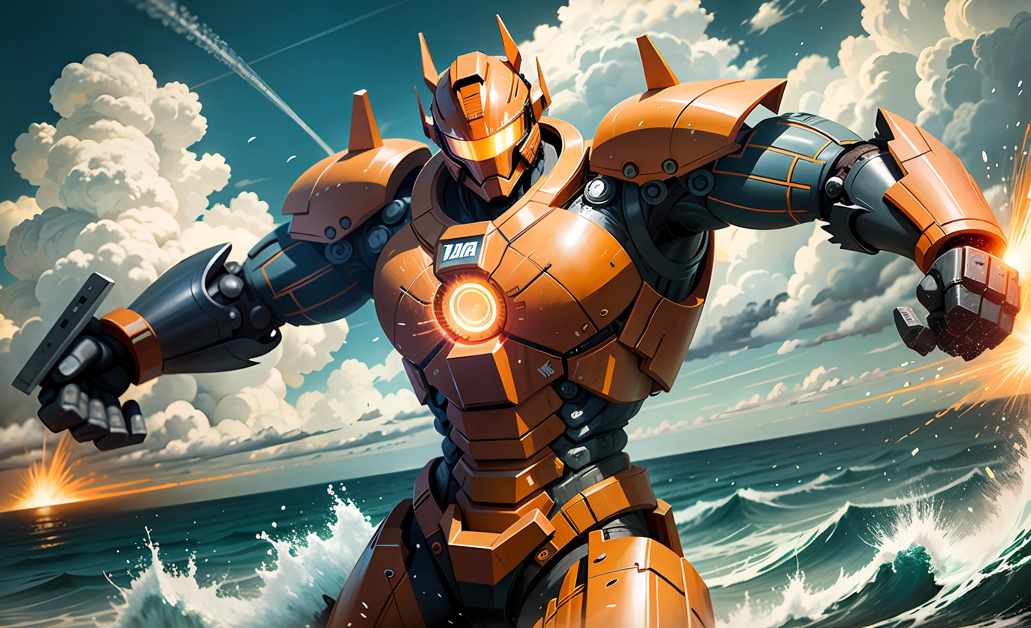 dynamic angle, An orange giant flexible j43g3r with 2 blue swords, running in the ocean.