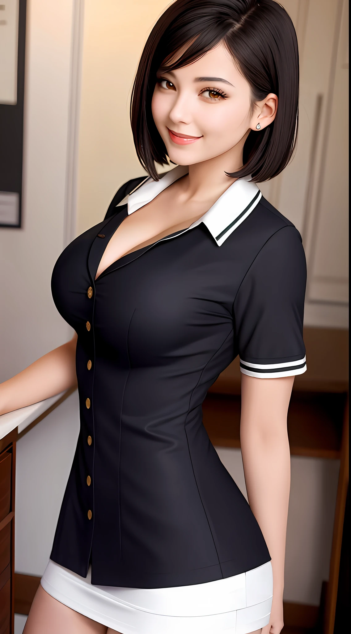 Top Quality, Masterpiece, 1 Girl, Beautiful Face, Large Breasts, Upper Body, Black Hair, Short Hair, Uniform, Smile, Beautiful Butt, Perfect Body, Crisp Double, Cleavage