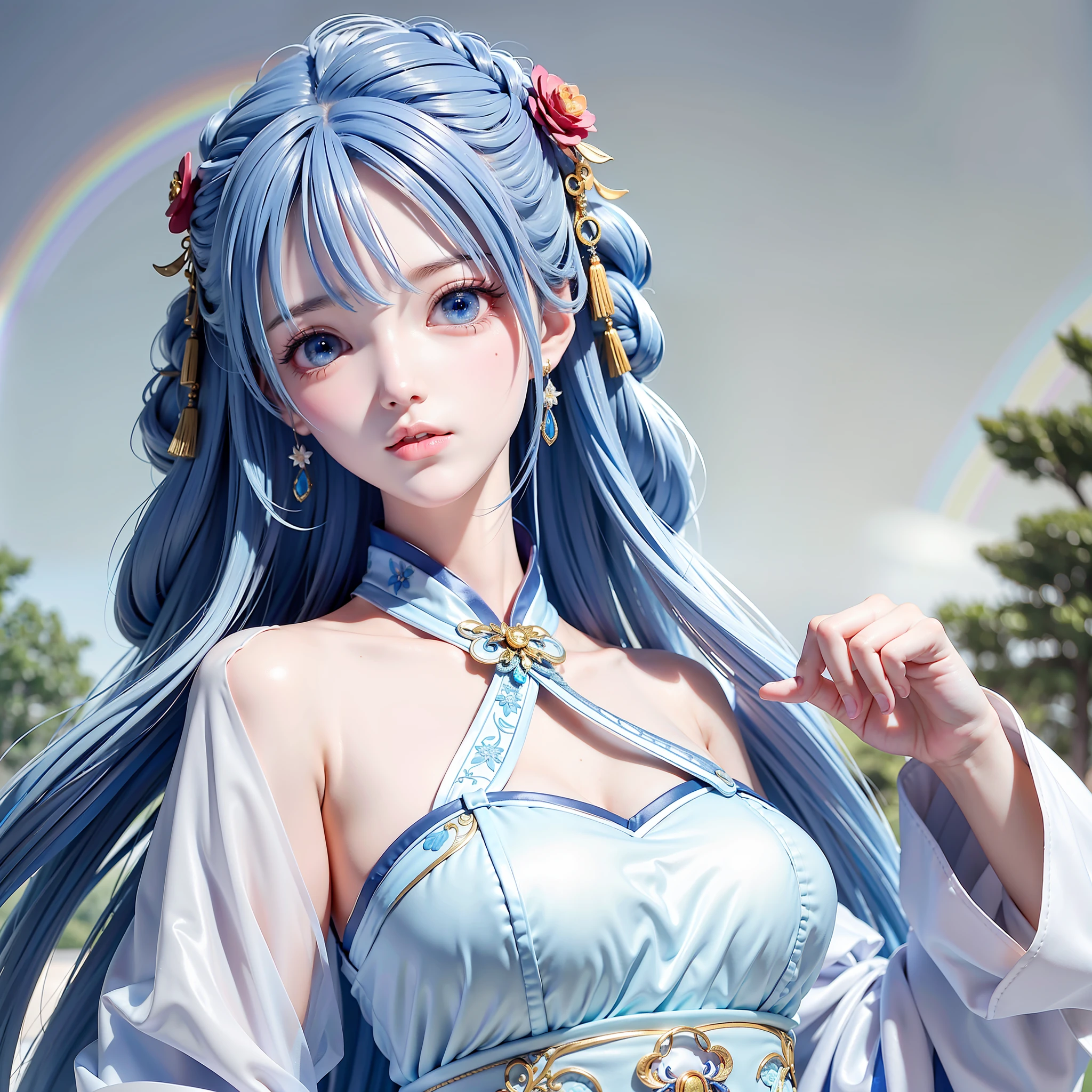 Masterpiece, Best Quality, Official Art, 8k Wallpaper, Very Detailed, Illustration, 1 Girl, Upper Body, Detailed Eyes, Blue Eyes, White Gradient Hanfu, Intricate Filigree, Luxury Dress, Dynamic Pose, (Rainbow Long Hair: 1.1), (White Hair: 1.2), Flowing Hair, (Braid: 0.8) Gradient Hair, East Asian Architecture, Chinese Ancient Street, Landscape, Morning