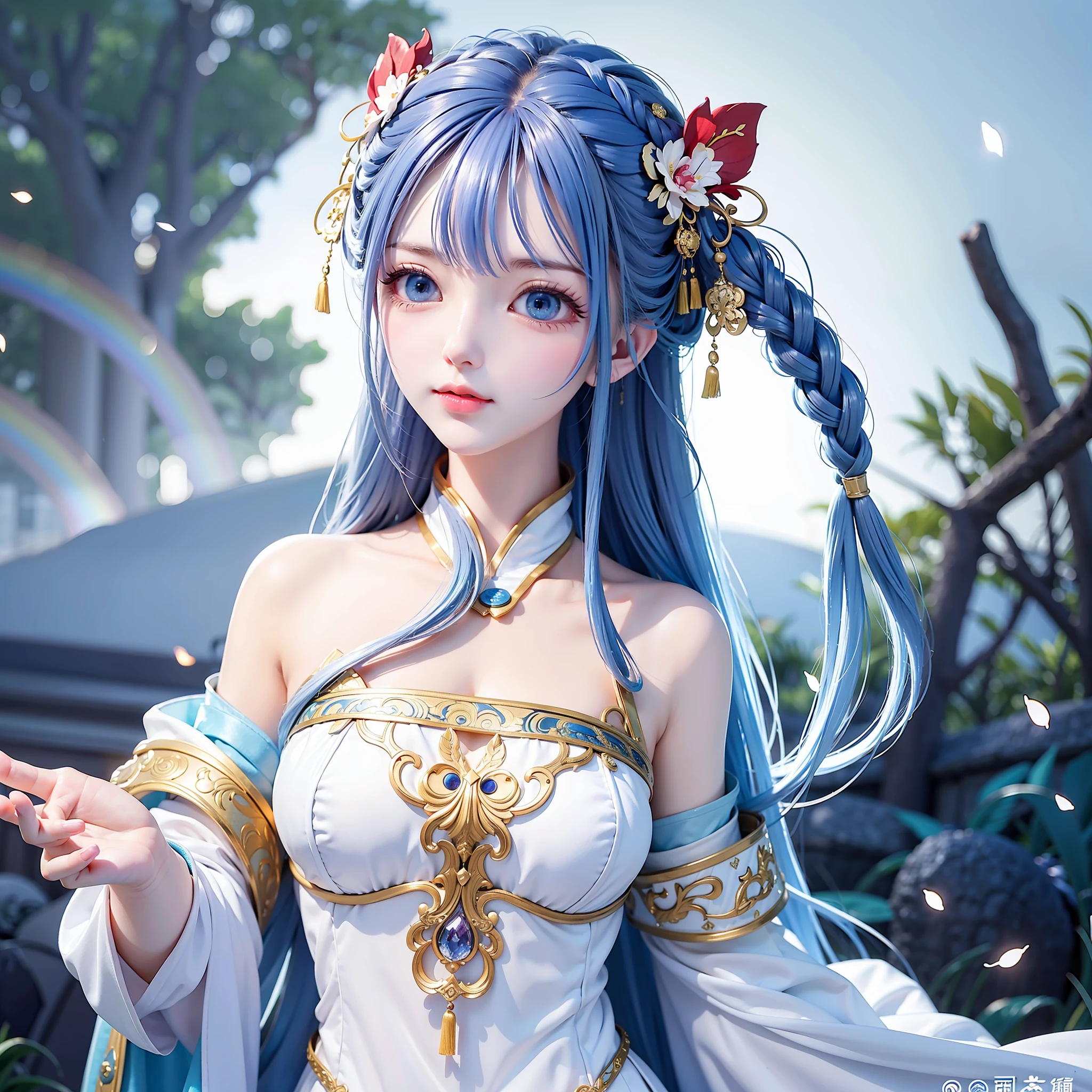 Masterpiece, Best Quality, Official Art, 8k Wallpaper, Very Detailed, Illustration, 1 Girl, Upper Body, Detailed Eyes, Blue Eyes, White Gradient Hanfu, Intricate Filigree, Luxury Dress, Dynamic Pose, (Rainbow Long Hair: 1.1), (White Hair: 1.2), Flowing Hair, (Braid: 0.8) Gradient Hair, East Asian Architecture, Chinese Ancient Street, Landscape, Morning