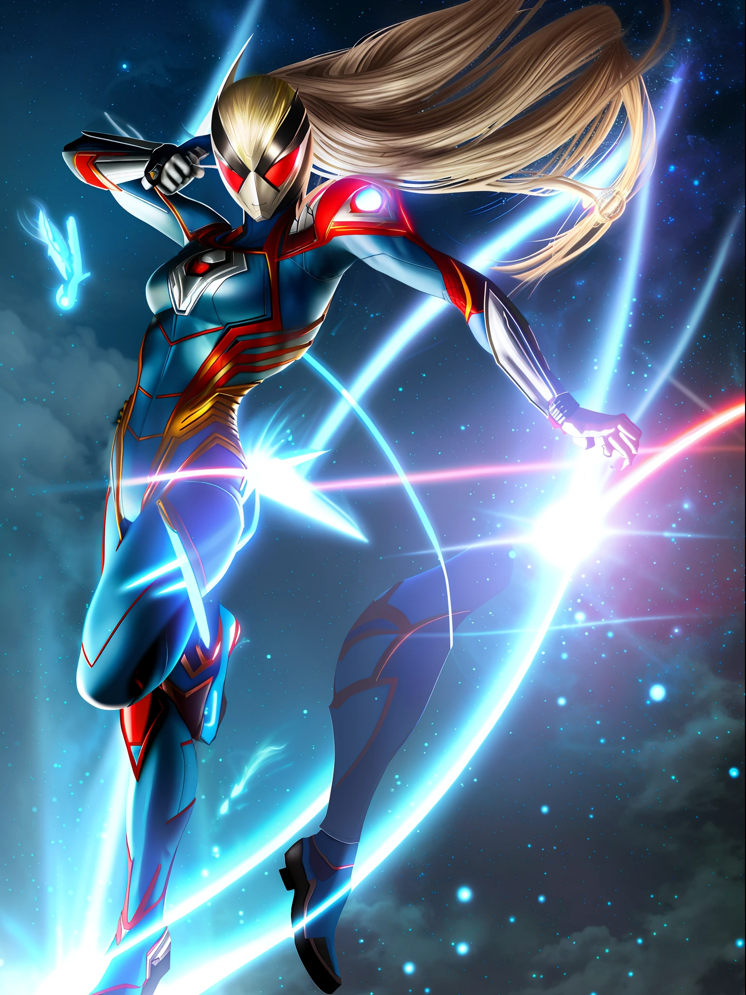 Ultraman, Mortal Kombat, anime style, (Max Quality: Sharpness:Resolution:Detailed) Full Body Shot, (1 Female:Giant:Ultraman:Spider-Man:Batman,Solo, Extremely Showy),Big Breasts, Straight Blonde Hair: in front of eye:moving in the wind,(circular jewel on chest with strong blue light),helmet:mask of Ultraman,staring at viewer,smiling,she is in a futuristic city being attacked by aliens.
