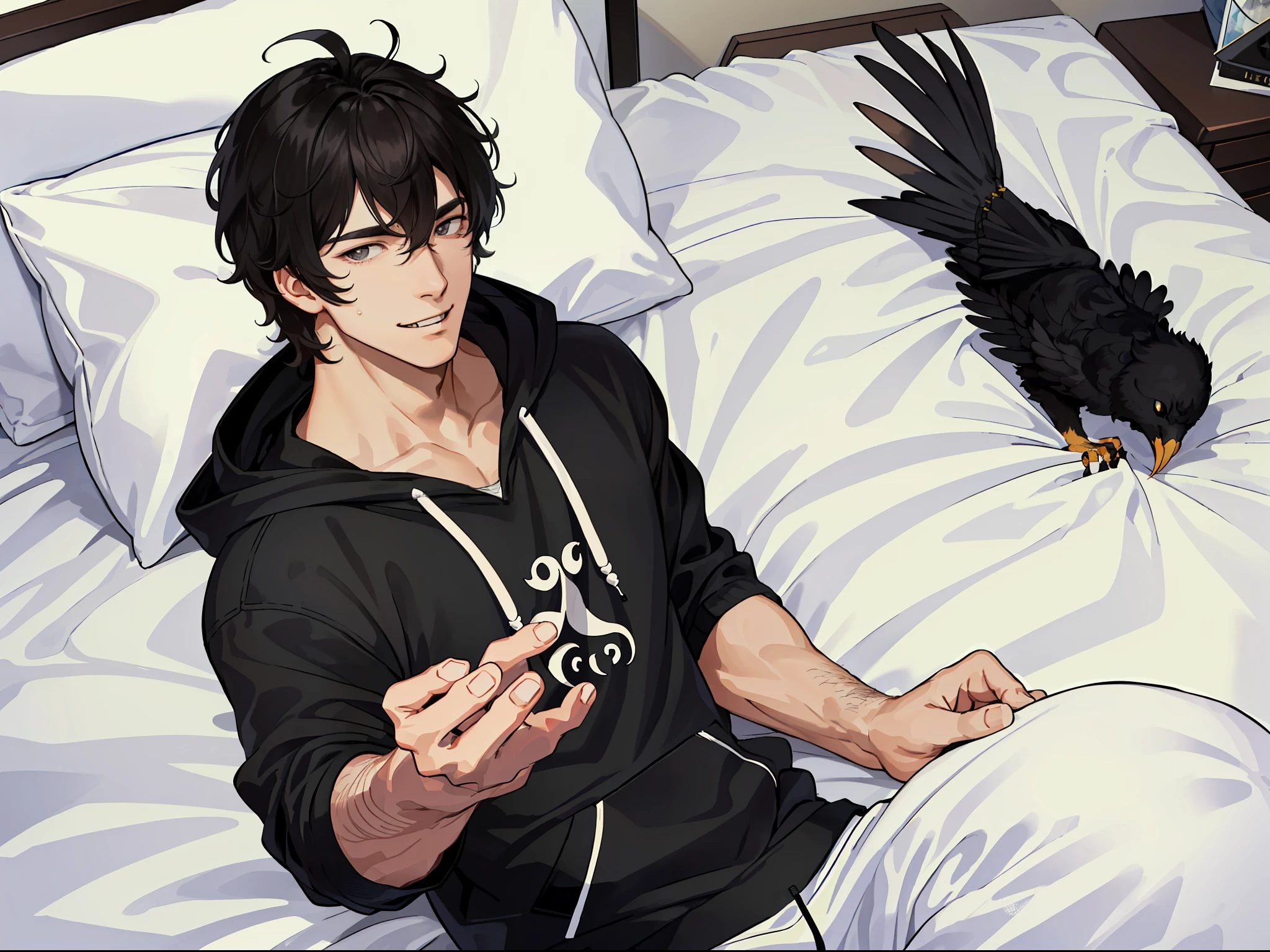 ((highest quality, masterpiece, 4k, finely detailed, detailed eyes, detailed face, gelbooru, pixiv)), ((solo)), 1 male, (handsome, masculine, adult male, broad shoulders), ((chin stubbles)), (smiling with fangs showing, looking at viewer, slight blush), ((lazy eyes, tired eyes, half-lidded, eyebags under eyes, black eyes with white pupils)), ((black hair, medium length hair, shaggy hairstyle, messy hair)), BREAK, (dark hoodie, sweatpants, lying on bed, chest schowing, bird's eye view)