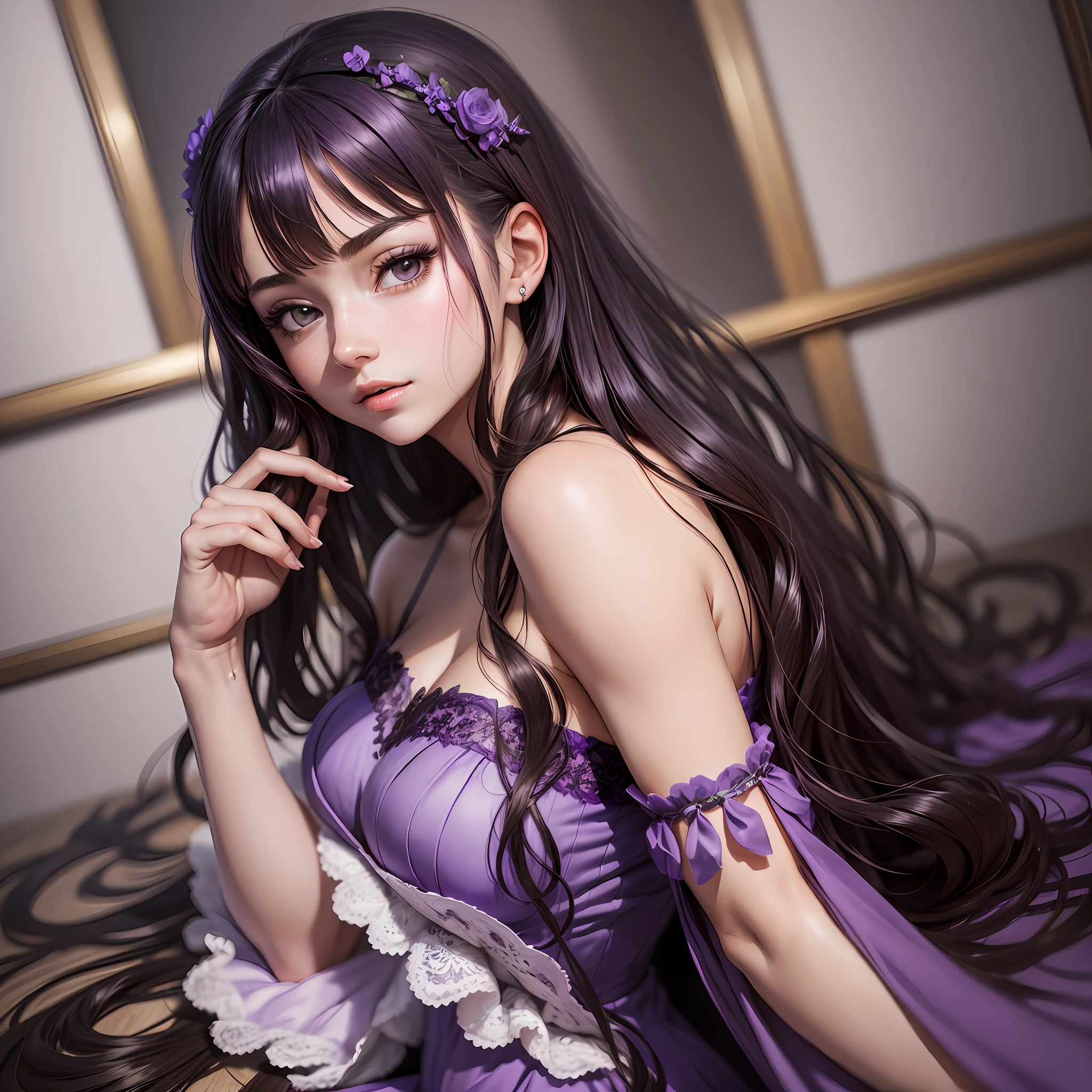Photo of beautiful young woman, age 25, (((head in frame))), (full body), purple dress, perfectly beautiful, highly detail, dark hair, ((anime)), realistic anime portrait, studio lighting, anime photography