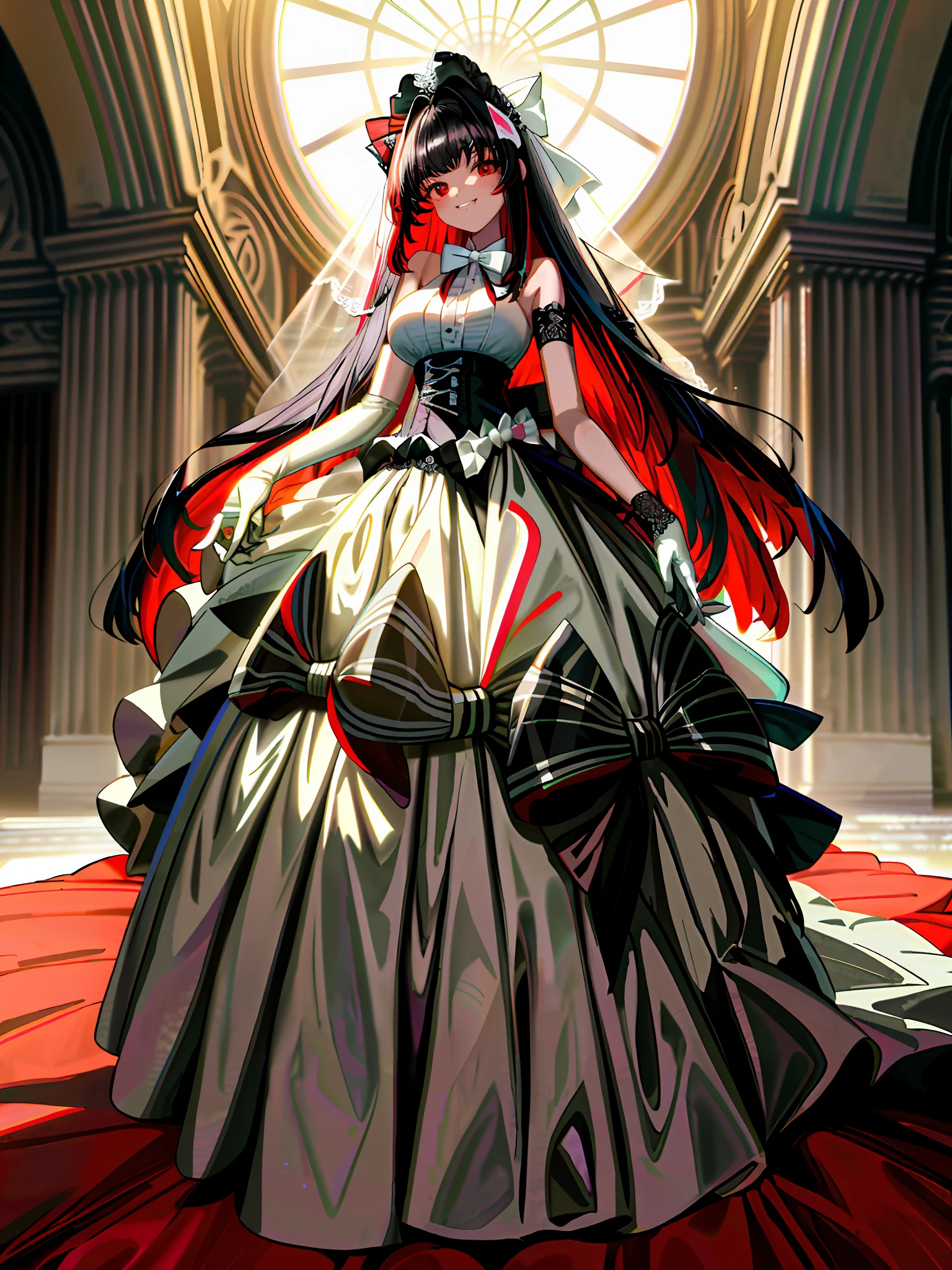 masterpiece, best quality, highres, rena1, 1girl, solo, multicolored hair, red eyes, black hair, white elbow gloves, split-color hair,wedding dress,(ballgown skirt:1.5),white bow, large breasts, very long hair, hair bow, (holding hands:1.2), smile,add_detail:1.5