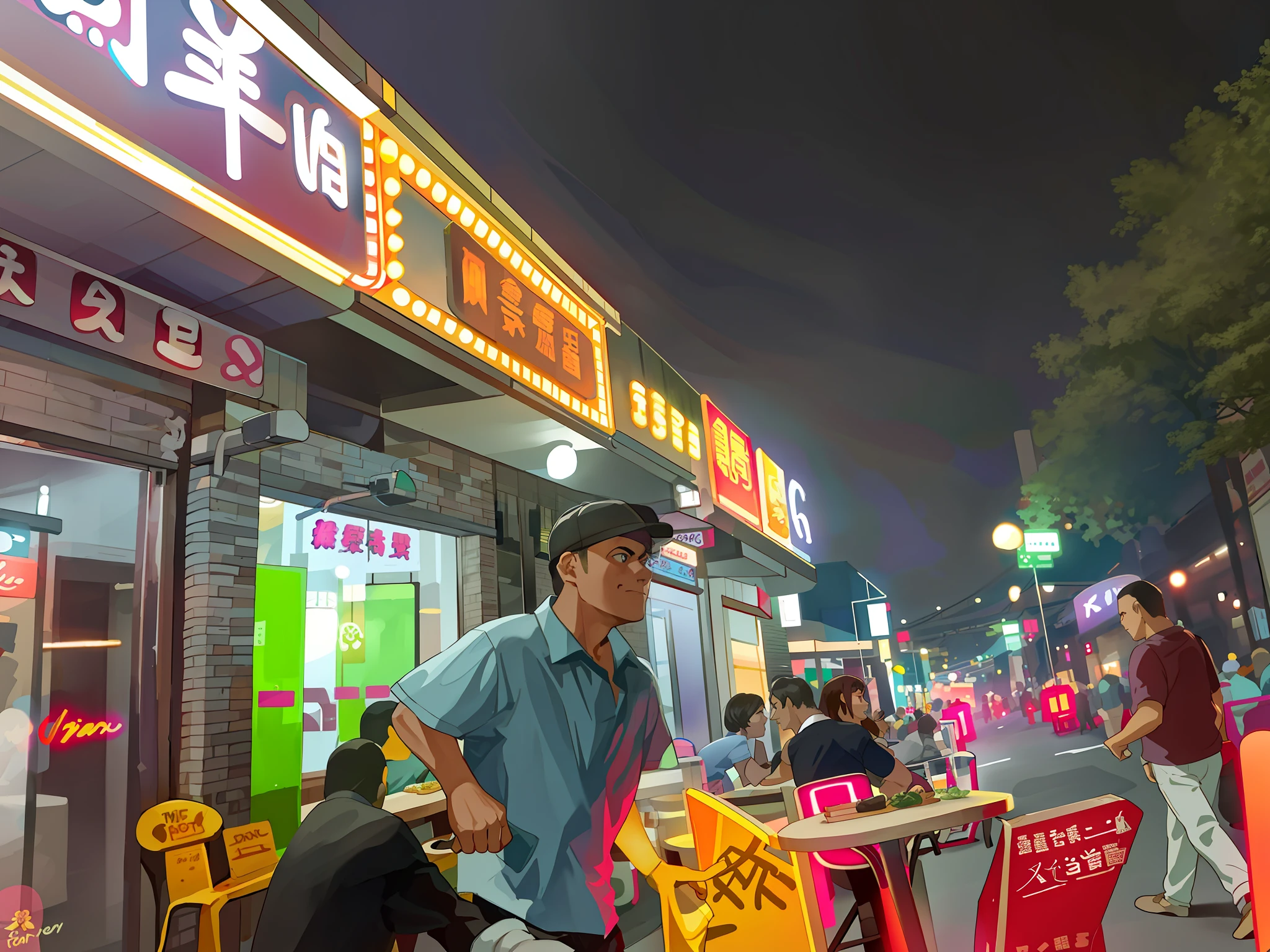 People walk on the sidewalk of a western restaurant at night, the background is the restaurant, people outside are eating, the restaurant is busy, there are street food stalls at night, there are neon signs, busy night, photos taken at night, available images, Nanquan, glowing lights at night, at night, food stalls, some have neon lights, there are neon lights outside