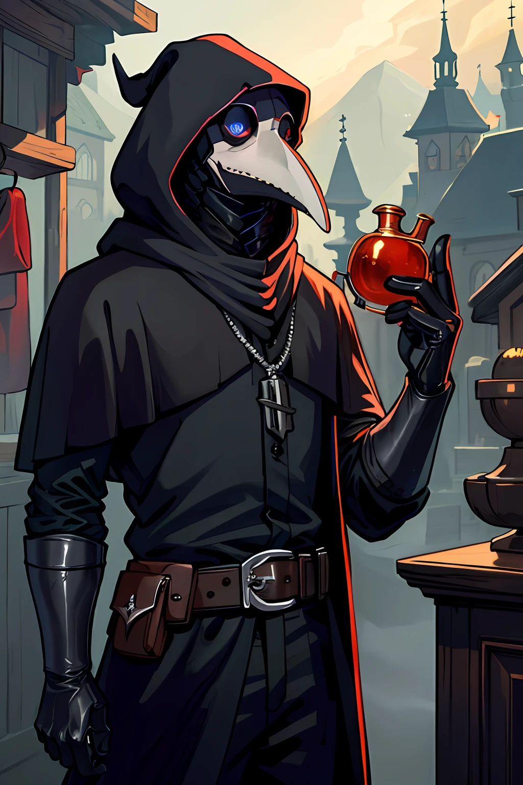 beautiful, (masterpiece:1.2), (best quality:1.2), realistic, perfect eyes, perfect face, perfect lighting, 1boy, plague doctor, hood, mask, plague doctor mask, faceless, holding a potion, evil looking, skull belt