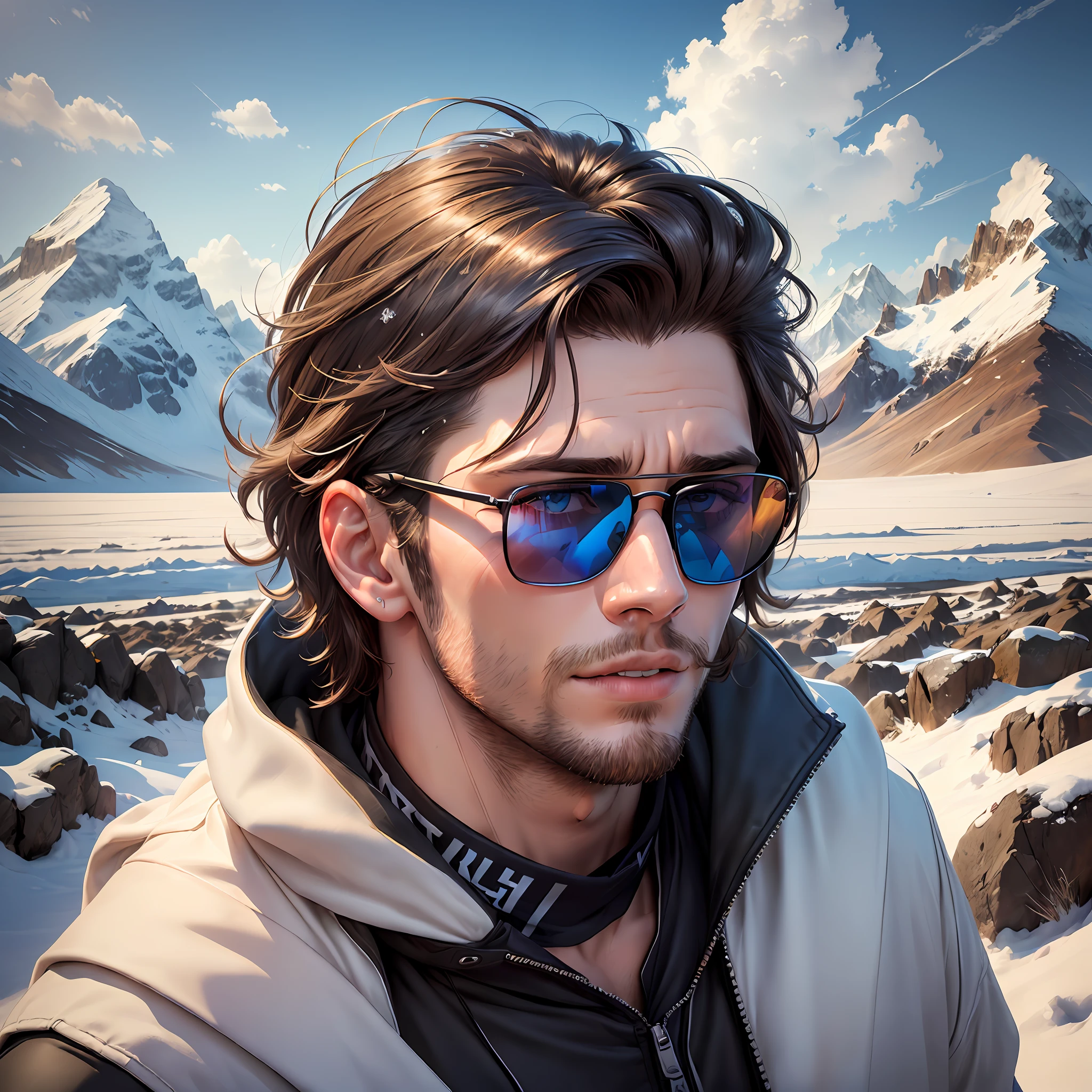 (extremely realistic photo, hyper-realism:1.3),(portrait photography),(studio lightings:1.2),(handsome young man wearing sunglasses:1.2),(head to waist portrait:1.2),(snow-capped mountains background),(blue sky),(white clouds),(adventurous mood:1.2)