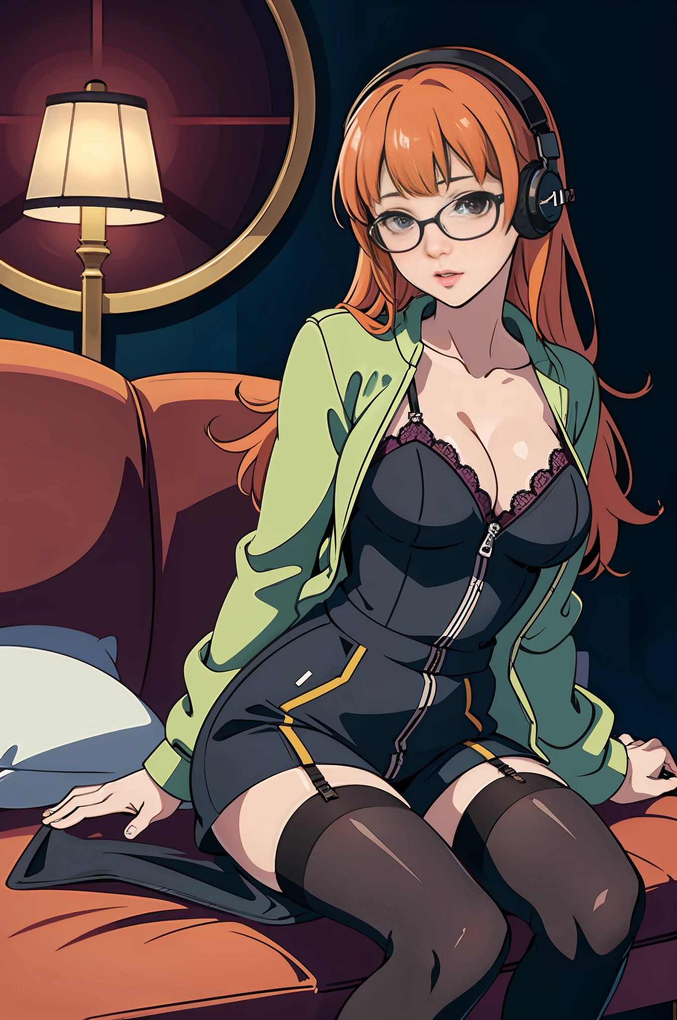 sakura_futaba, orange hair, blunt bangs, headphones, glasses, purple eyes, green jacket, short black shorts, there is a woman sitting on a couch wearing stockings, wearing sexy lingerie, japanese goddess, full length and white stockings, angelawhite, taken with canon 5d mk4, sitting on the sofa, seductive sakura futaba portrait, seductively looking in front, curvy, full body xianxia, sfw, (black silk suit pants:0.5)