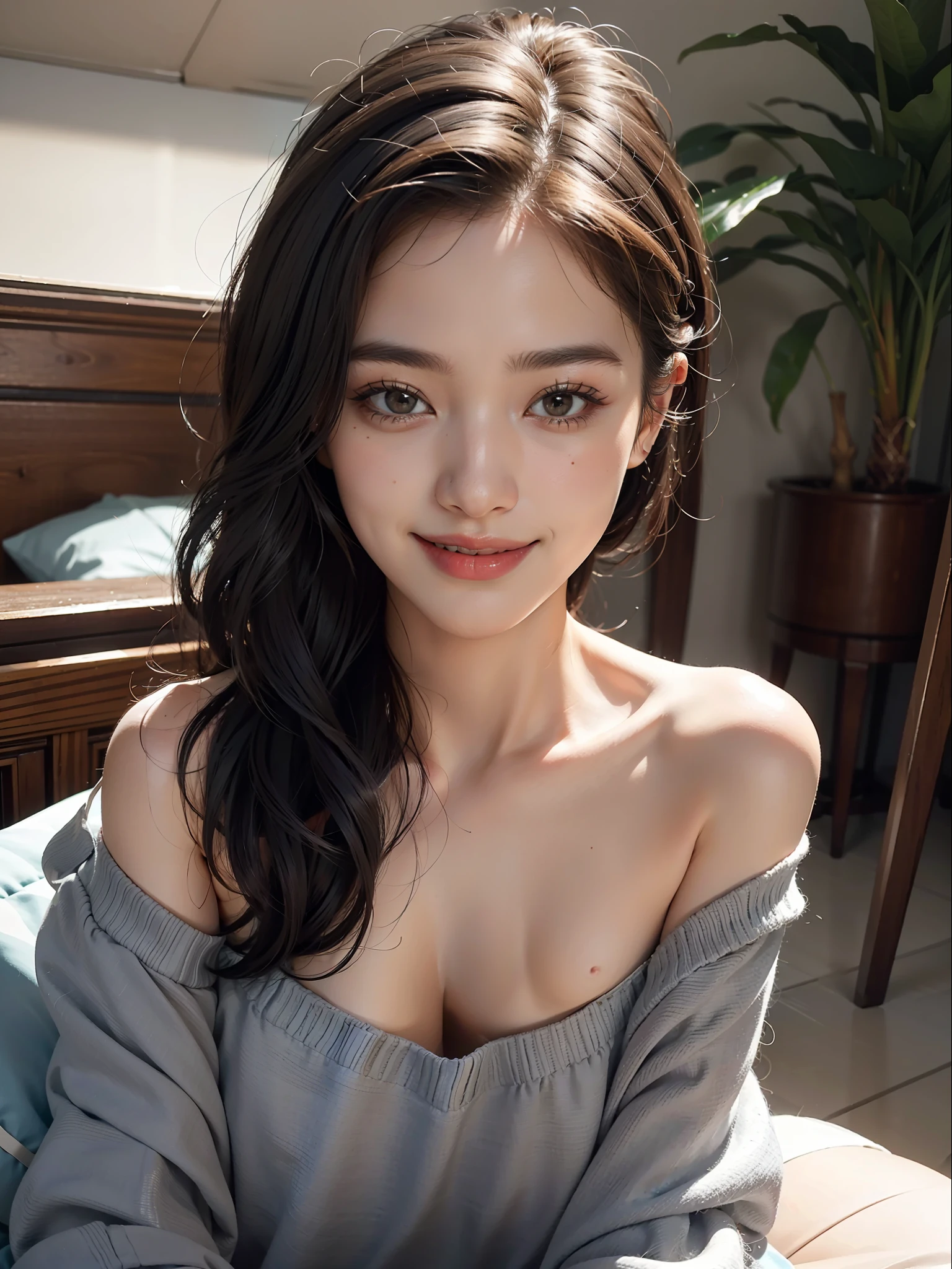 best quality, masterpiece, ultra high res, photorealistic, 1girl, offshoulder, smile