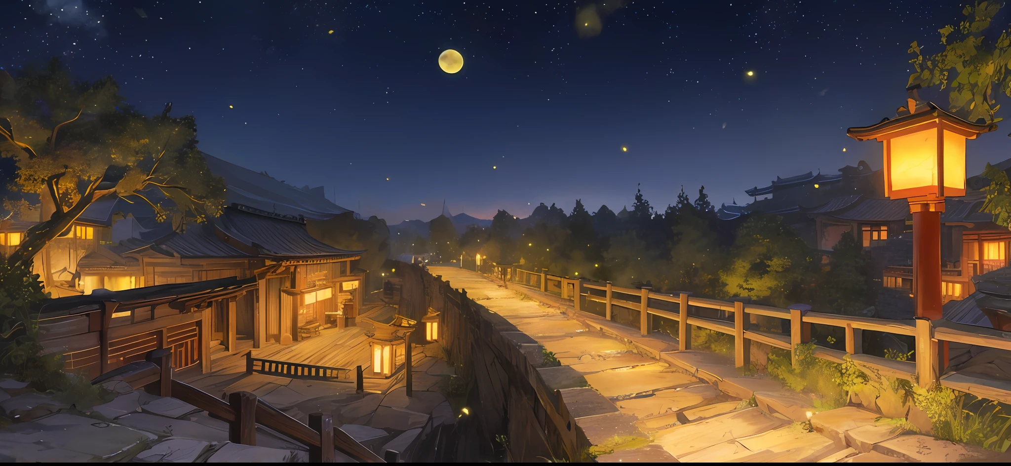 Official Art, Ancient China, Ancient Alleys, (Lots of Fireflies), (Night), (Moon), Lights, Beautiful Landscapes, Epic Landscapes, Realistic Lighting, Masterpieces, High Quality, Beautiful Graphics, High Detail, Global Illumination, Unreal Engine Rendering, Octane Rendering, (HDR:1.3)