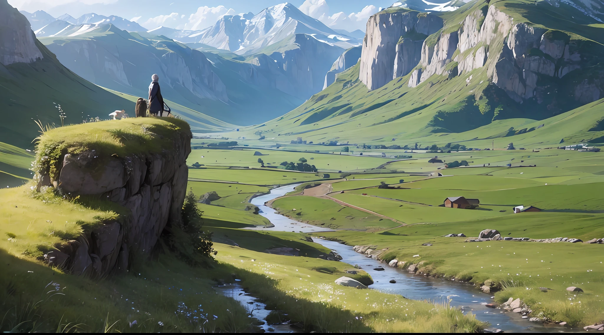 The shepherd leads the flock to rest by the stream, near the vast green meadows, in the distance there are valleys, below the valley is the abyss, HD detail, ultra-detail, soft light, deep field focus bokeh, ray tracing. --v6