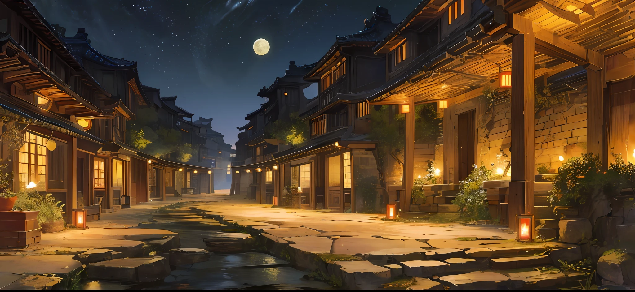 Official Art, Ancient China, Ancient Alleys, (Lots of Fireflies), (Night), (Moon), Lights, Beautiful Landscapes, Epic Landscapes, Realistic Lighting, Masterpieces, High Quality, Beautiful Graphics, High Detail, Global Illumination, Unreal Engine Rendering, Octane Rendering, (HDR:1.3)
