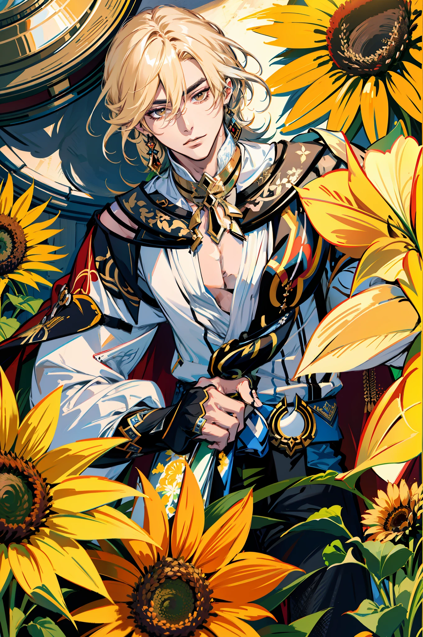 kaveh genshin impact, portrait in flowers, huge flowers, sunflowers, face surrounded by sunflowers, (absurdres, highres, ultra detailed), 1 male, handsome, tall muscular guy, best ratio four finger and one thumb, best light and shadow, depth of field