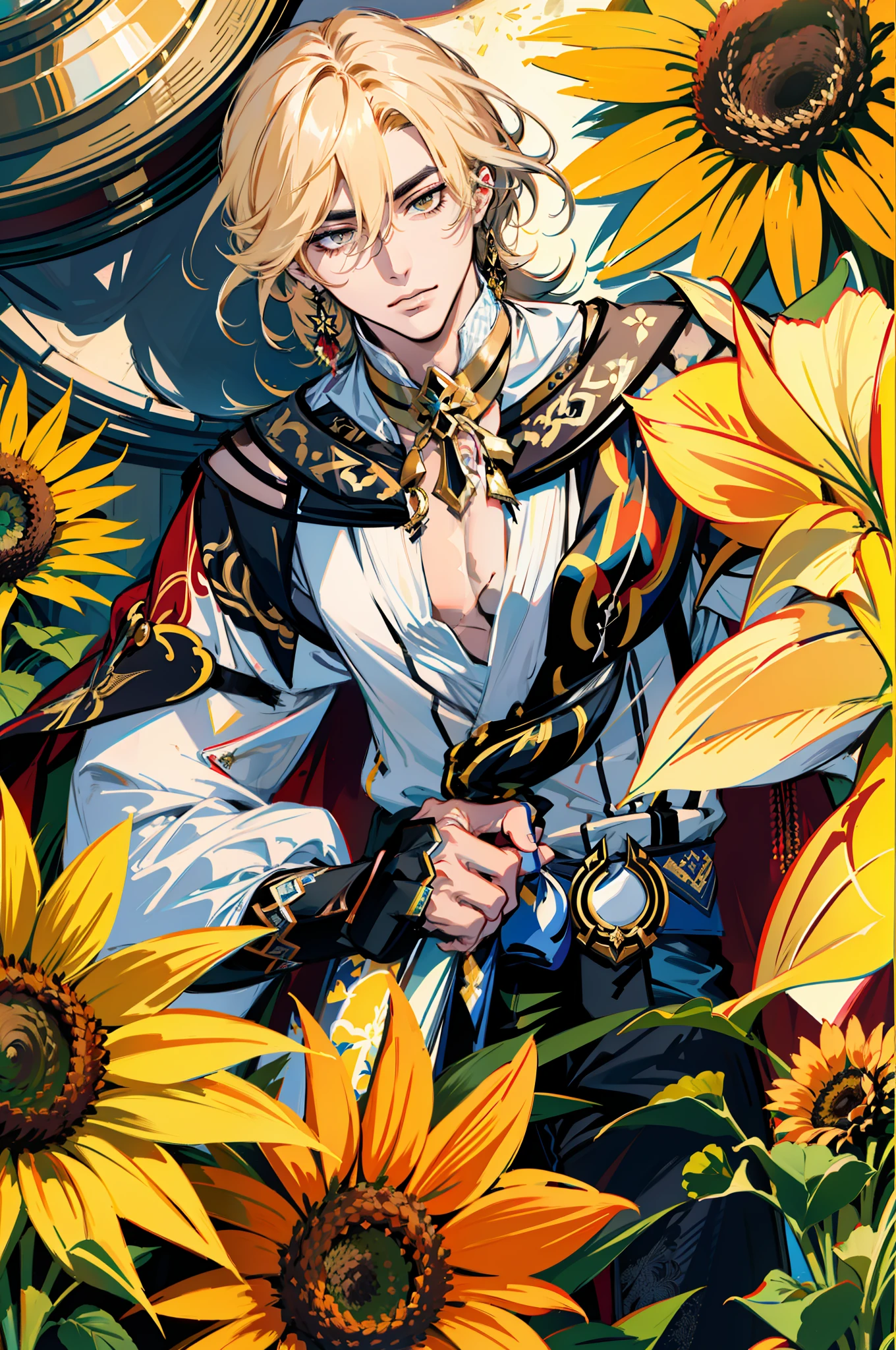 kaveh genshin impact, portrait in flowers, huge flowers, sunflowers, face surrounded by sunflowers, (absurdres, highres, ultra detailed), 1 male, handsome, tall muscular guy, best ratio four finger and one thumb, best light and shadow, depth of field