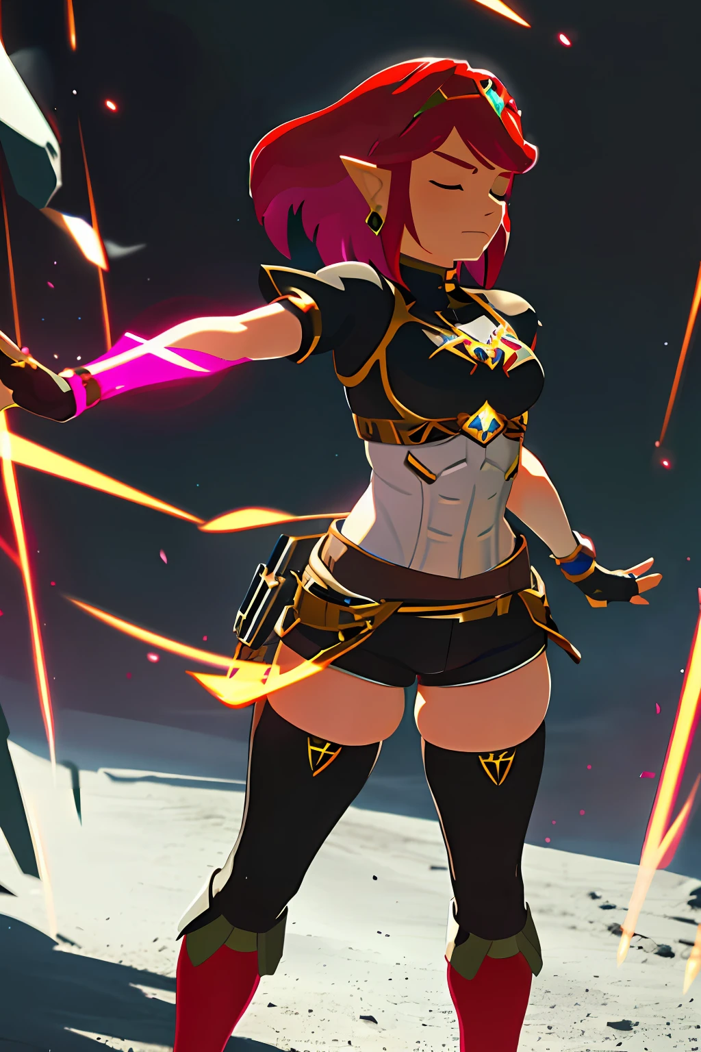 botw style, pyra \(xenoblade\), 1girl, armor, black gloves, breasts, closed eyes, closed mouth, earrings, eyelashes, fingerless gloves, floating hair, framed breasts, gem, gloves, hair ornament, headpiece, jewelry, large breasts, leaning back, leotard, neon trim, pose, red hair, red shorts, short hair, short shorts, short sleeves, shorts, sidelocks, skin tight, solo, standing, swept bangs, thighhighs, tiara, black background, turtleneck, underbust, vambraces, ((masterpiece))
