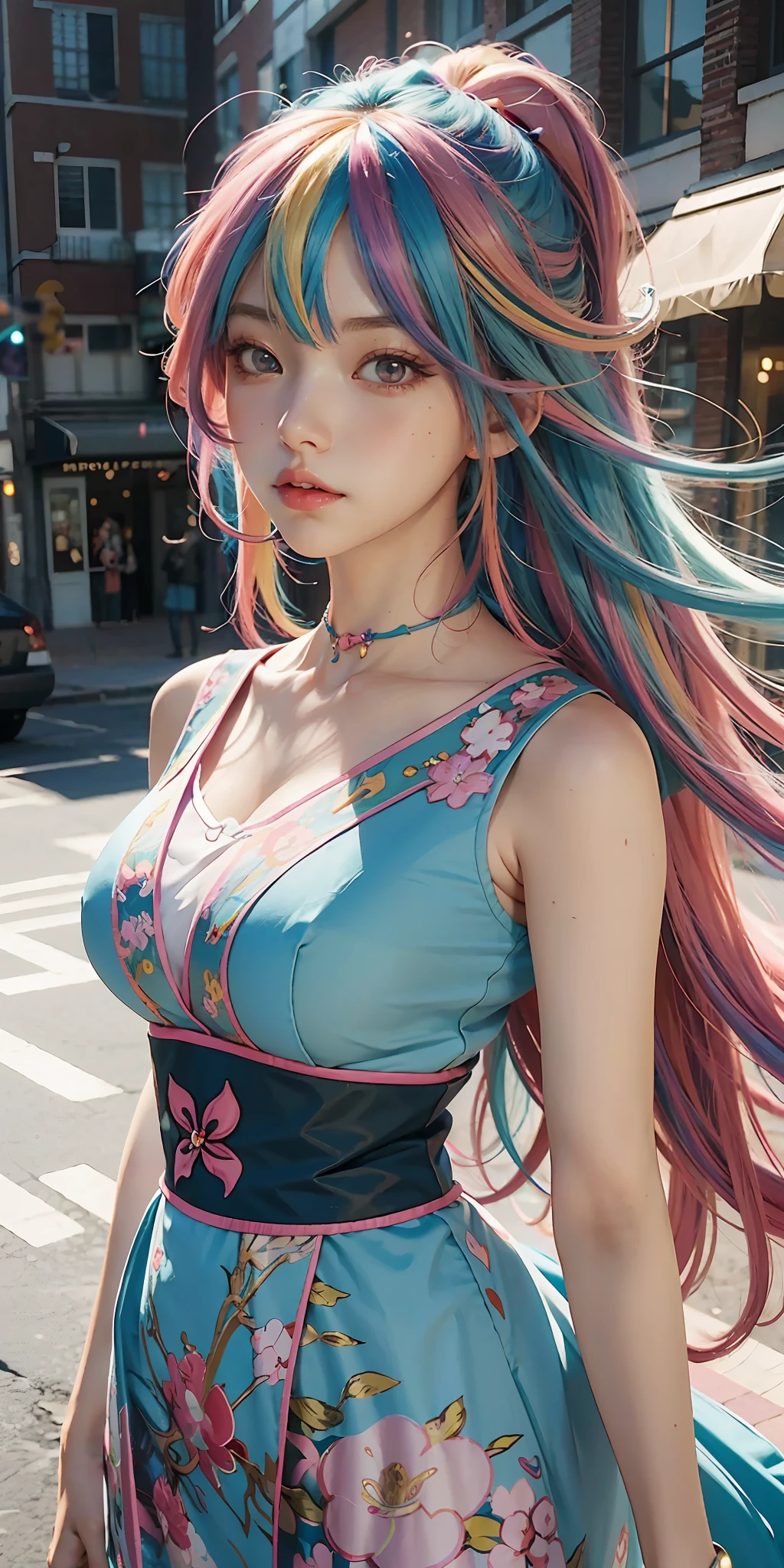 anime girl with colorful hair and a colorful dress, rossdraws pastel vibrant, rossdraws cartoon vibrant, anime style 4 k, beautiful anime portrait, artgerm colorful!!!, ! dream artgerm, beautiful anime girl, anime styled digital art, anime art wallpaper 4k, anime art wallpaper 4 k, digital anime art, extremely detailed artgerm