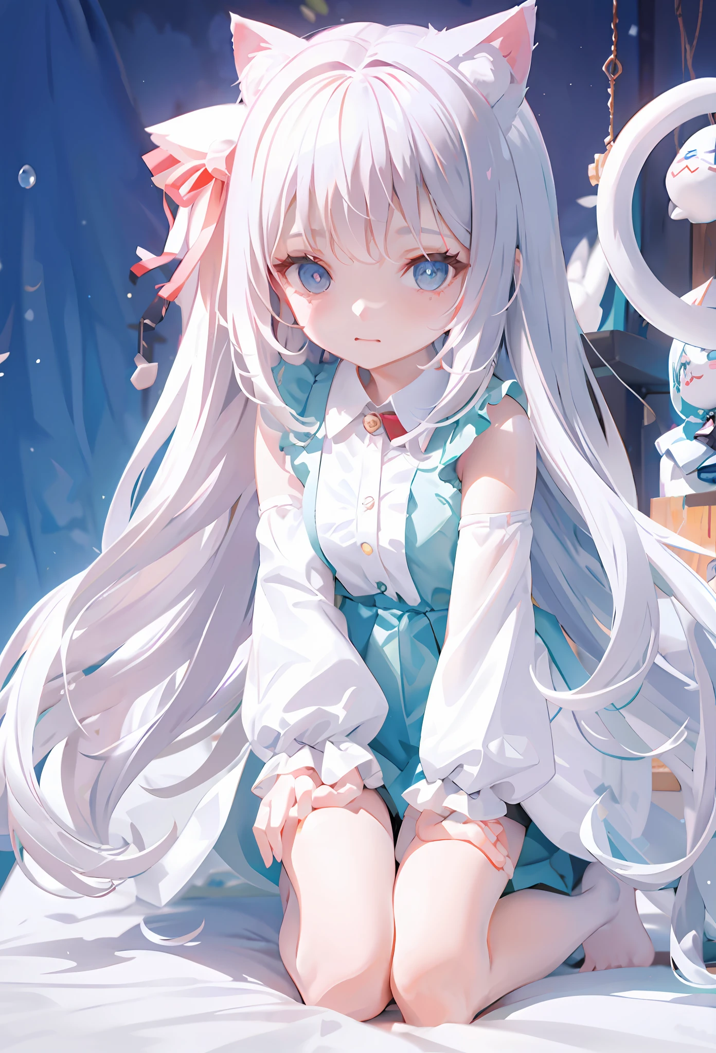 Close-up of doll kneeling on blanket, Q version, white long-sleeved shirt, shirt length to thighs, half shoulders exposed, cat ears, shy expression, hands hanging at sides, white shirt open, shoulders exposed