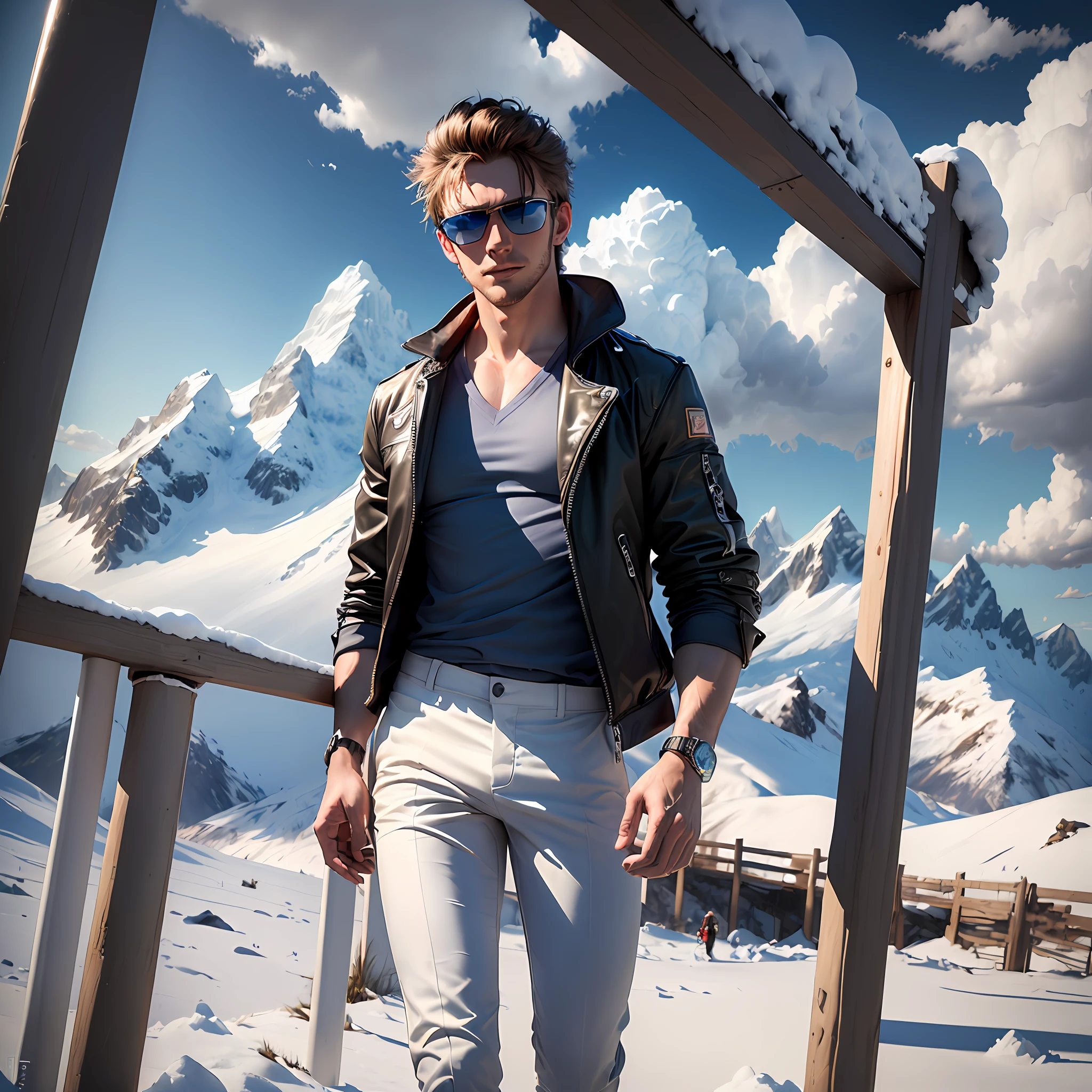 (extremely realistic photo, hyper-realism:1.3),(portrait photography),(studio lightings:1.2), ((full body photo)), (handsome young man wearing sunglasses:1.2),(head to waist portrait:1.2),(snow-capped mountains background),(blue sky),(white clouds),(adventurous mood:1.2)