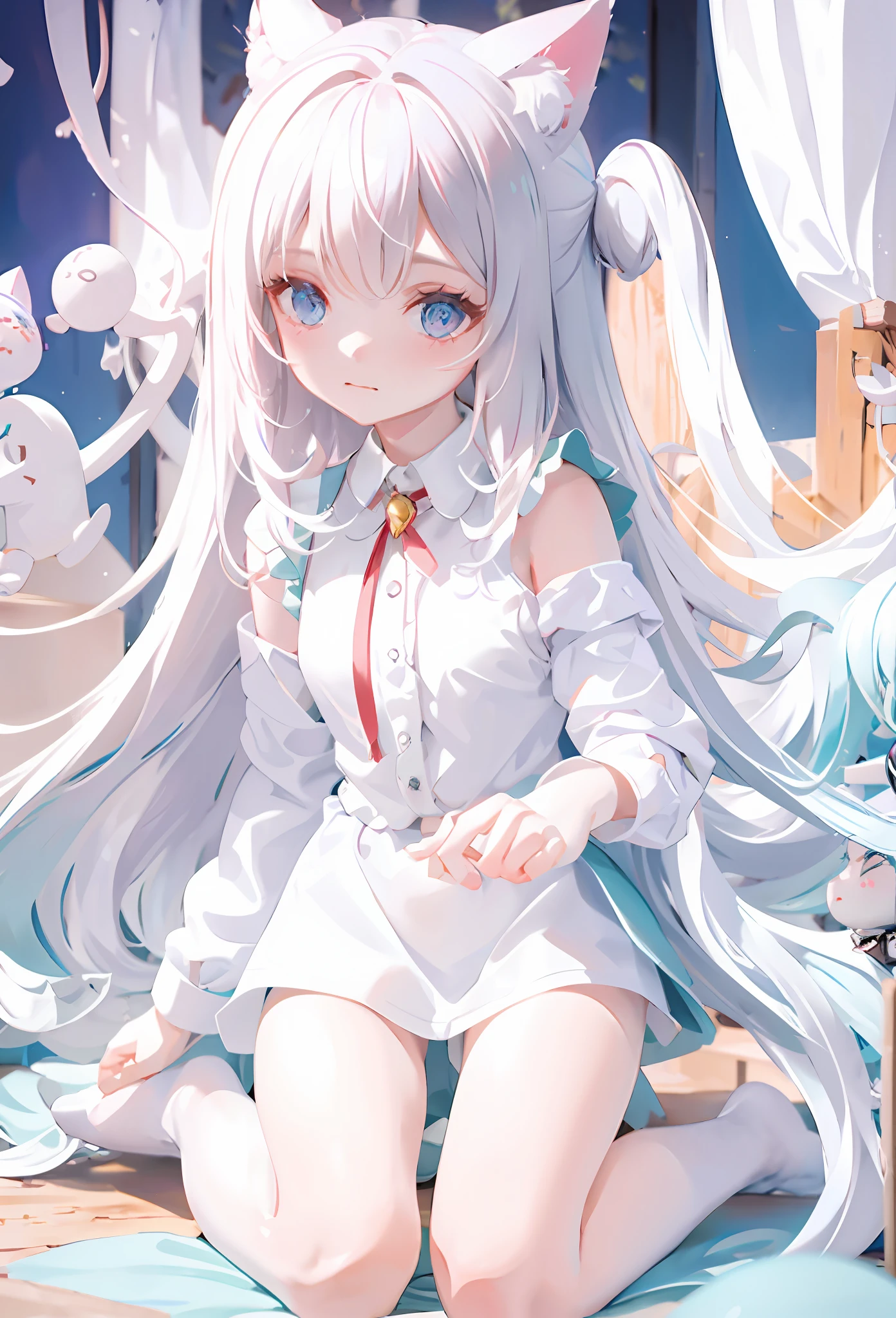 Close-up of doll kneeling on blanket, Q version, white long-sleeved shirt, shirt length to thighs, half shoulders exposed, cat ears, shy expression, hands hanging at sides, white shirt open, shoulders exposed
