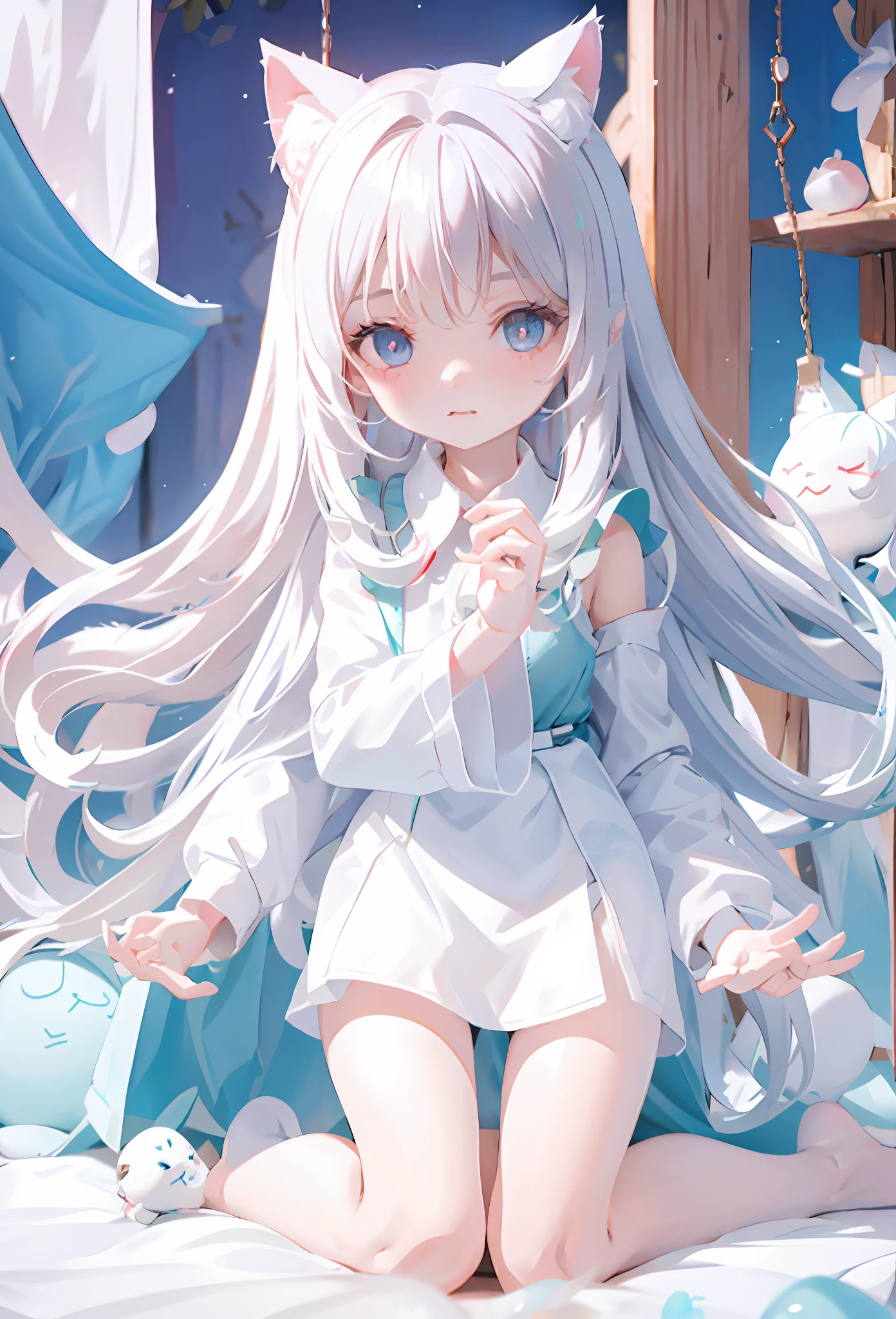 Close-up of doll kneeling on blanket, Q version, white long-sleeved shirt, shirt length to thighs, half shoulders exposed, cat ears, shy expression, hands hanging at sides, white shirt open, shoulders exposed