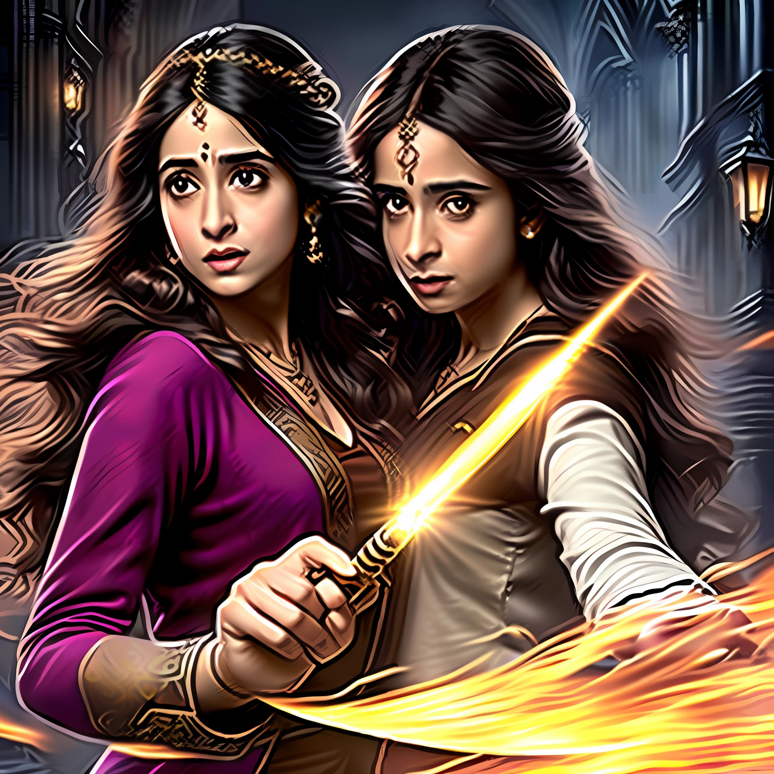 Shradha Kapoor in Harry Potter movie, holding magic wand , looking like Hermione , movie character,