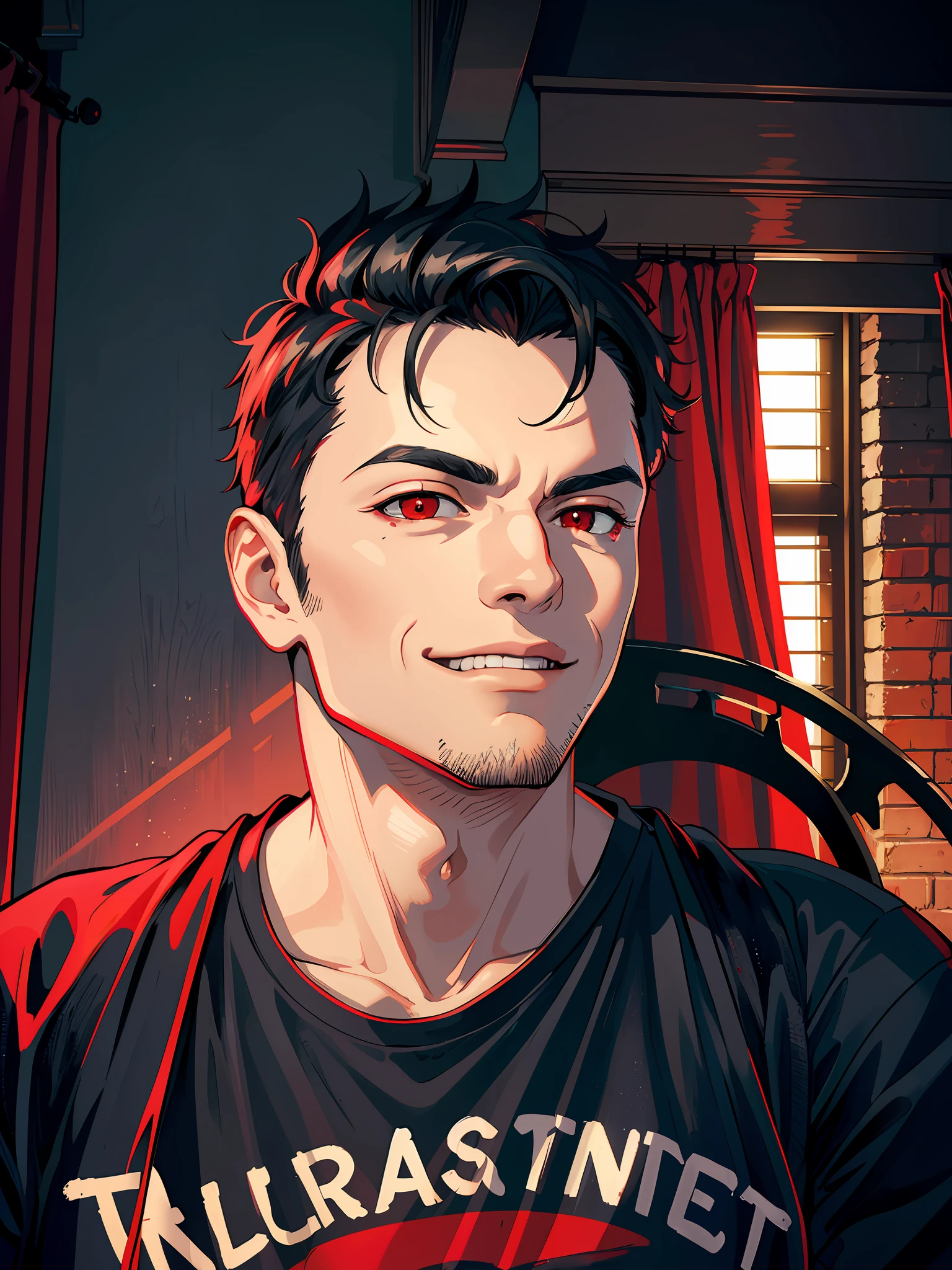 masterpiece, high quality, best quality, beautiful, hd, realistic, perfect lighting, detailed face, detailed body, 1 man, black hair, red eyes, black t-shirt, evil, sinister smile