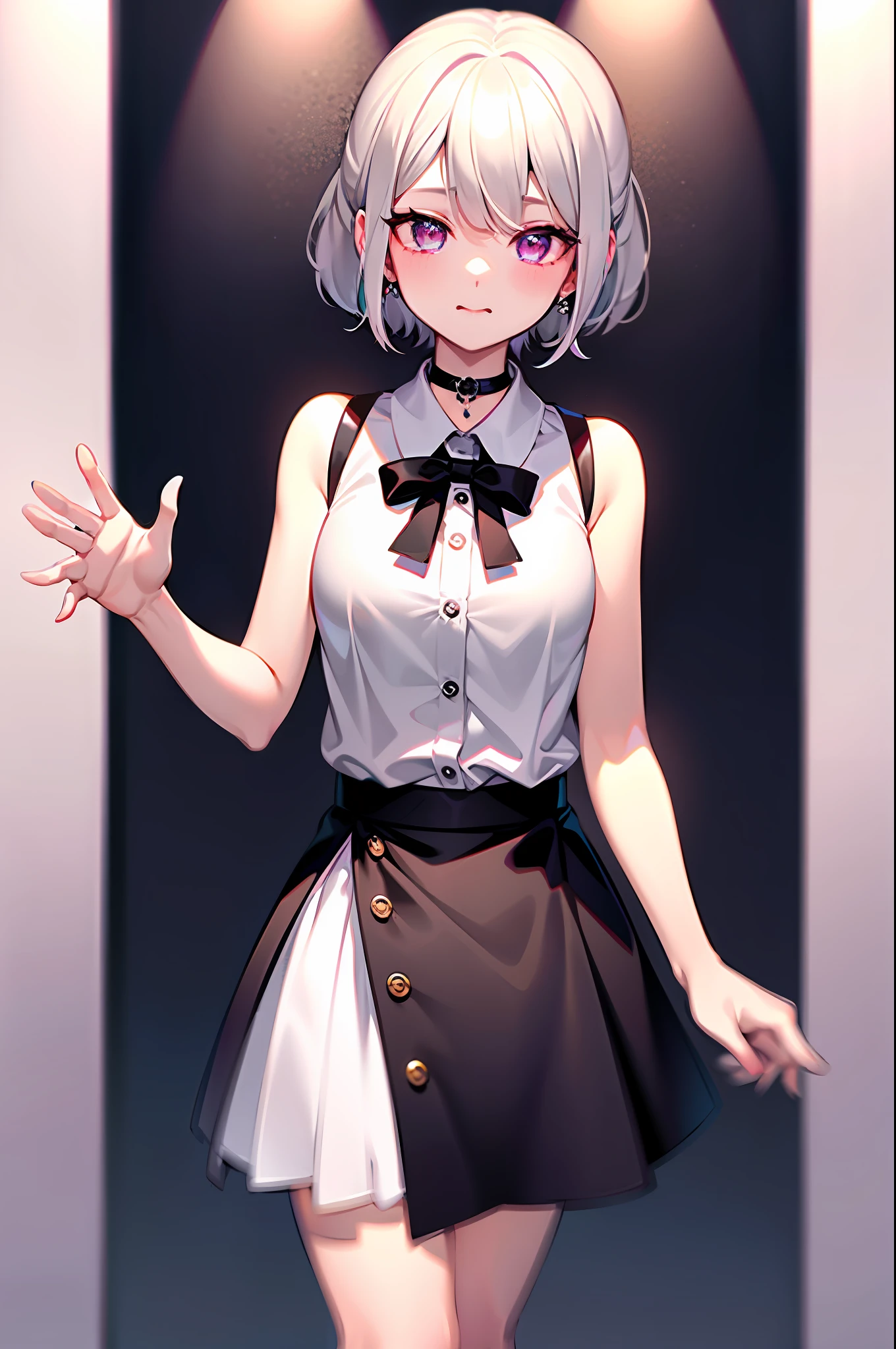 best quality, ultra high res, 1girl, sleeveless white button shirt, black skirt, black choker, cute, (Kpop idol), (aegyo sal:1), (platinum blonde hair:1), ((puffy eyes)), looking at viewer, full body, facing front