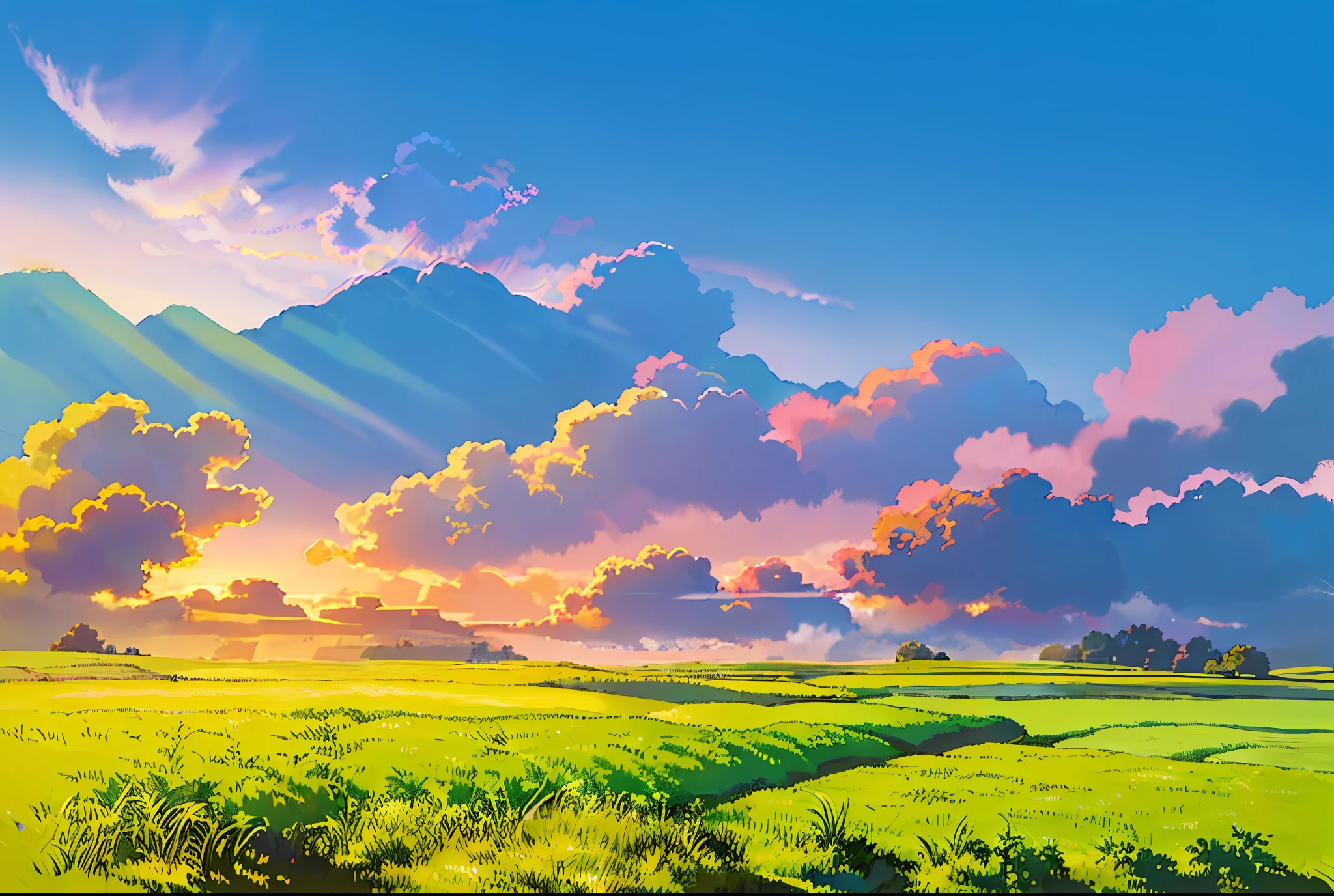 (((Best Quality))), high saturation, clear, reasonable structure, cartoon style, architecture, bridge, construction, castle, chimney, cloud, cloudy_sky, day, fantasy, door, grass, house, mountain, no_humans, outdoor, river, landscape, sky, sunset, tree, window, real, beautiful and amazing landscape oil painting Ghibli Studio Miyazaki's wheat field with blue sky and white clouds, wheat field, wheat --v6