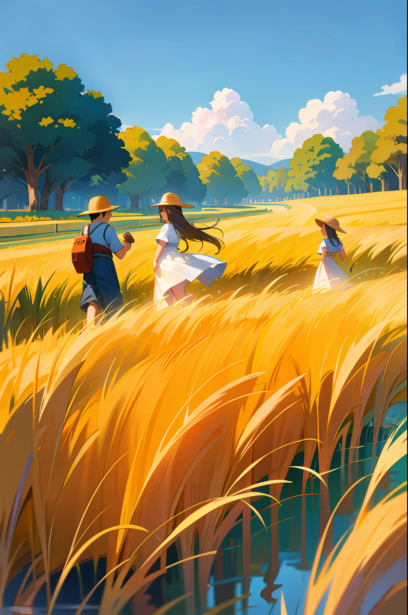 By the lake, a group of children are playing happily and splashing water. A lush forest surrounds a tranquil lake with sparkling water reflecting the blue sky and white clouds. Families picnicking in the shade and enjoying the summer. In the distance, the golden wheat fields sway with the wind, like a golden ocean. Farmers are harvesting crops and celebrating the harvest season. On the other side of the field, some young people are flying kites, and the colorful kites are dancing in the blue sky.