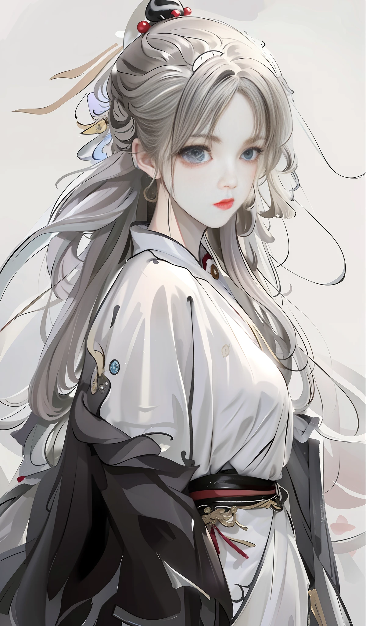 Immortal fluttering, complex and magnificent ancient white long and thin curls, white smooth ancient Chinese Hanfu, 20-year-old ancient Chinese teenager, small red lips, delicate nose bridge and face, big eyes, eye determination, movie lens, Qi Baishi style, high detail, high picture quality, best picture quality, 8k, super detail