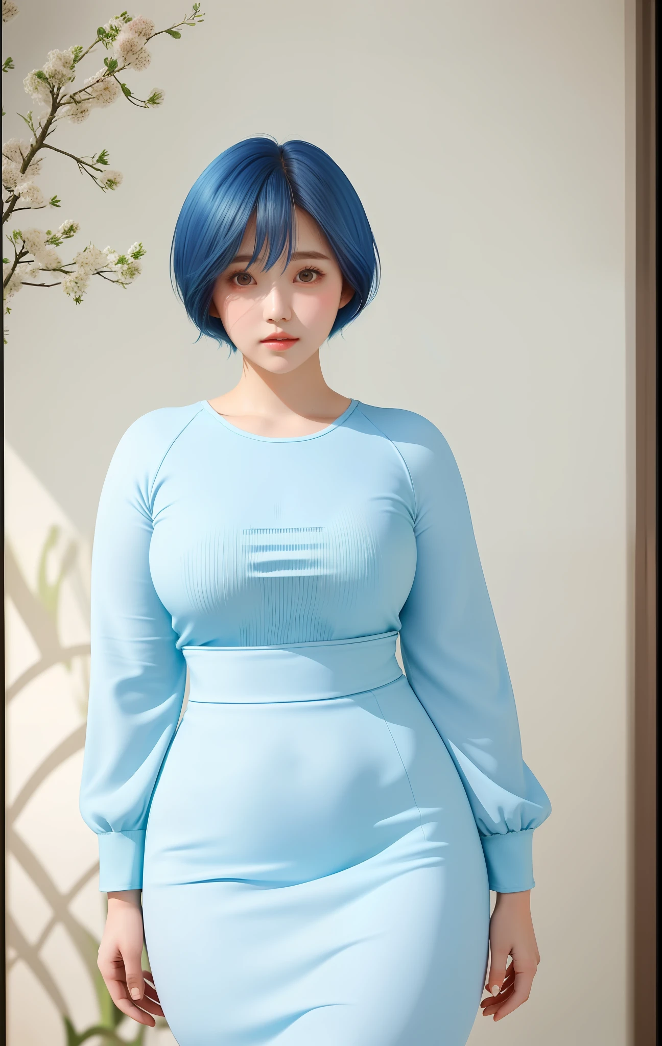 a beautiful, ite girl with short blue hair, big round eyes, thick lips, rosy cheeks and thick thighs, a pear shaped body weaing fantasy style clothes with a beautiful immersive background