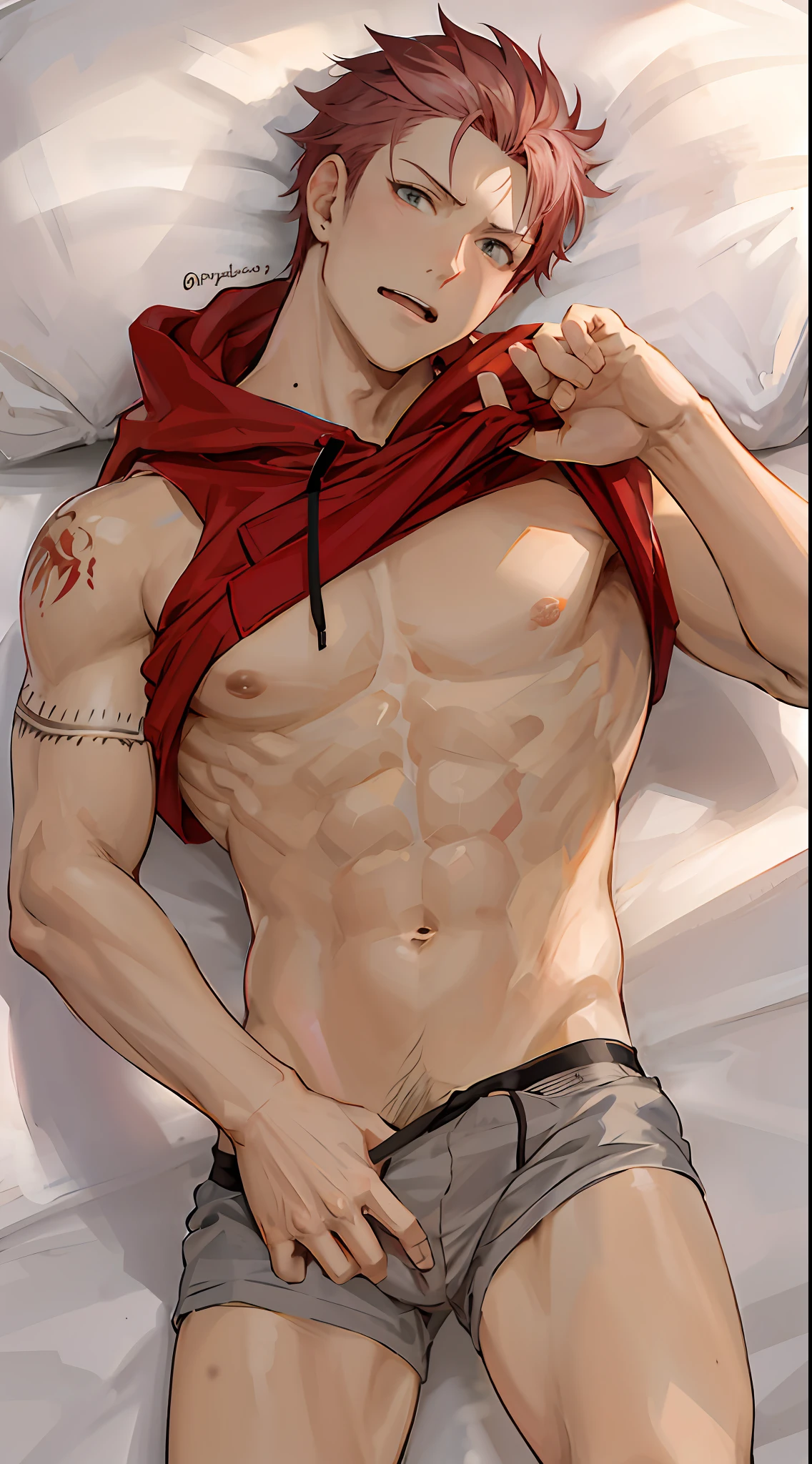anime guy with pink hair and a red hoodie laying in bed, shirtless :: high detail, full body close-up shot, shirtless, handsome saitama, at pixiv, red cloth around his shoulders,  , top rated on pixiv, from attack on titan, [ adamantly defined abs ]!!, range murata and artgerm, fluffy 