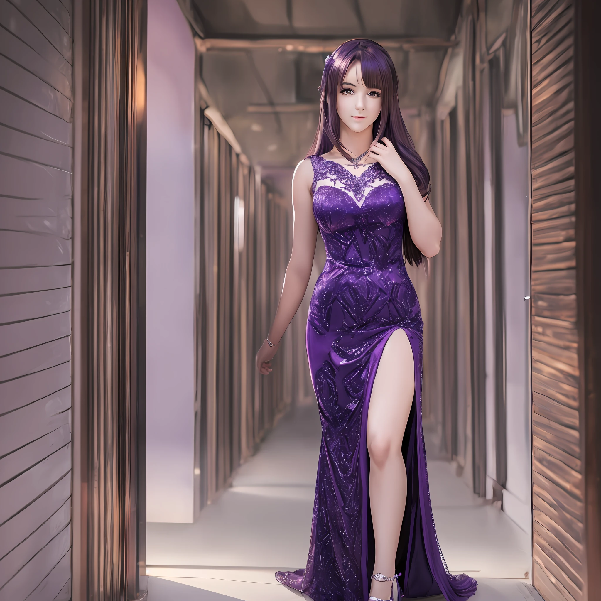 Photo of beautiful young woman, age 25, (((head in frame))), (full body), purple dress, perfectly beautiful, highly detail, dark hair, ((anime)), realistic anime portrait, studio lighting, anime photography