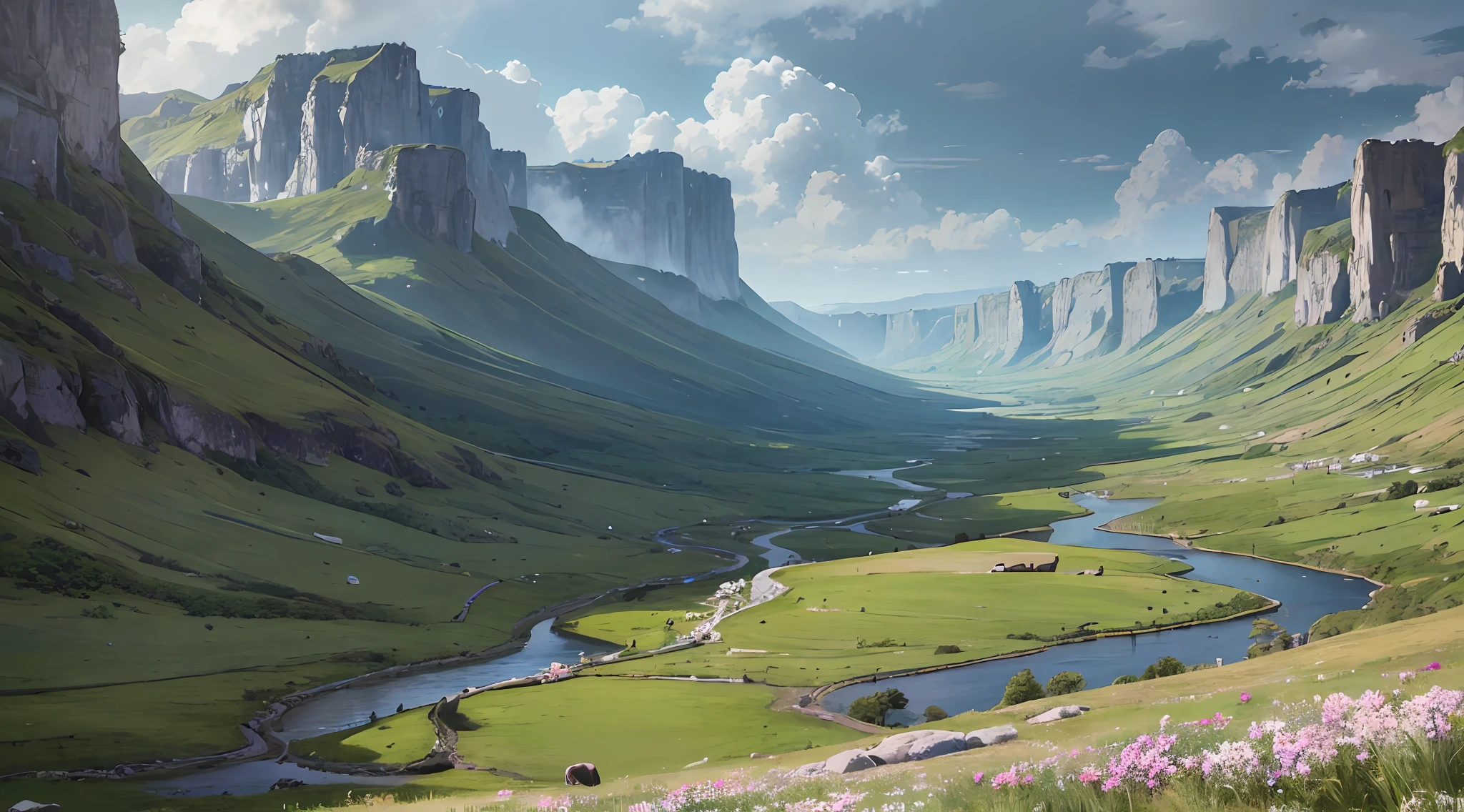 The shepherd leads the white flock to rest by the stream, near the vast green meadows, in the distance there is a valley of dark clouds, below the valley is the abyss, the abyss dark clouds, HD detail, hyper-detail, soft light, deep field focus bokeh, ray tracing. --v6
