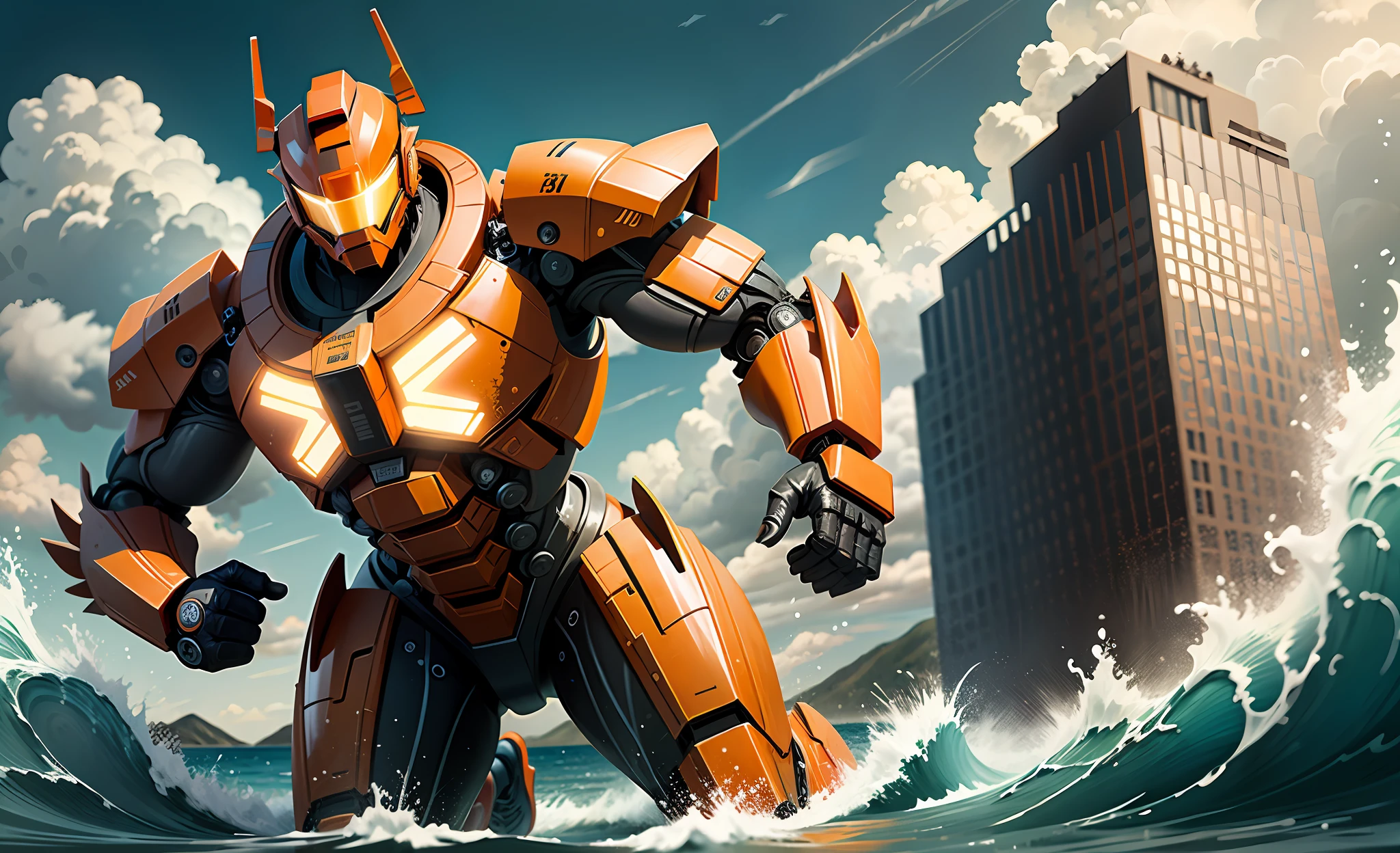 dynamic angle, An orange j43g3r running in the ocean.
