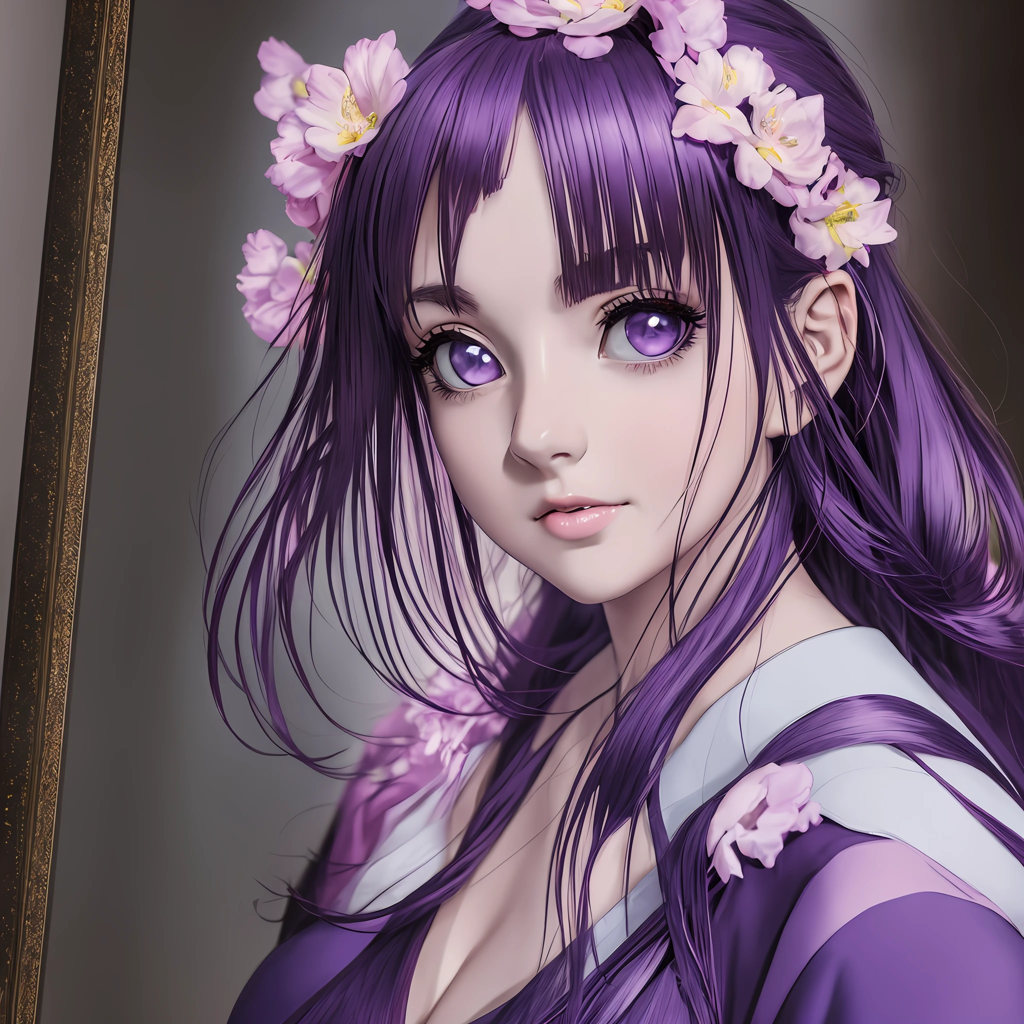 Photo of beautiful young woman, age 25, (((head in frame))), (full body), purple dress, perfectly beautiful, highly detail, dark hair, ((anime)), realistic anime portrait, studio lighting, anime photography