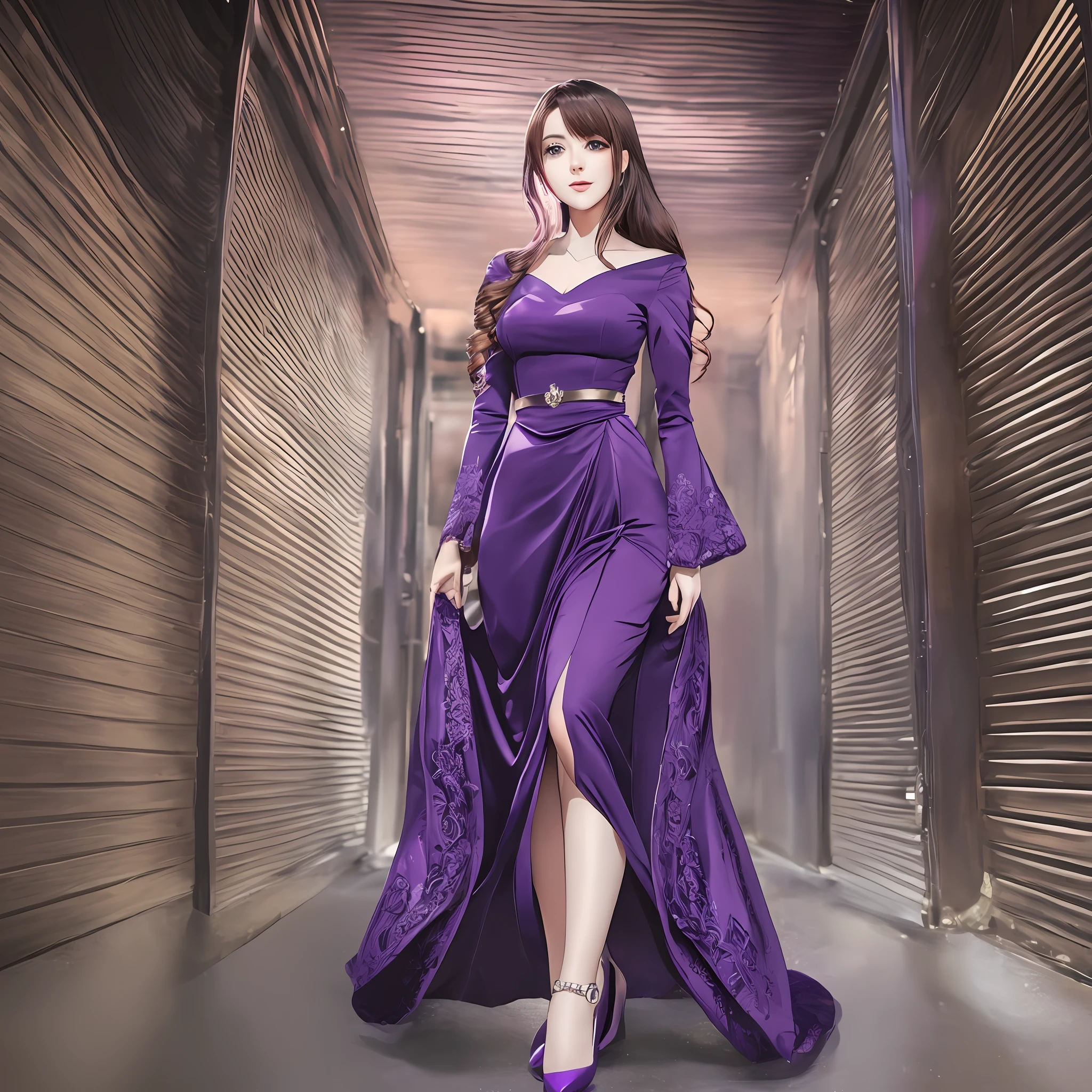 Photo of beautiful young woman, age 25, (((head in frame))), (full body), purple dress, perfectly beautiful, highly detail, dark hair, ((anime)), realistic anime portrait, studio lighting, anime photography