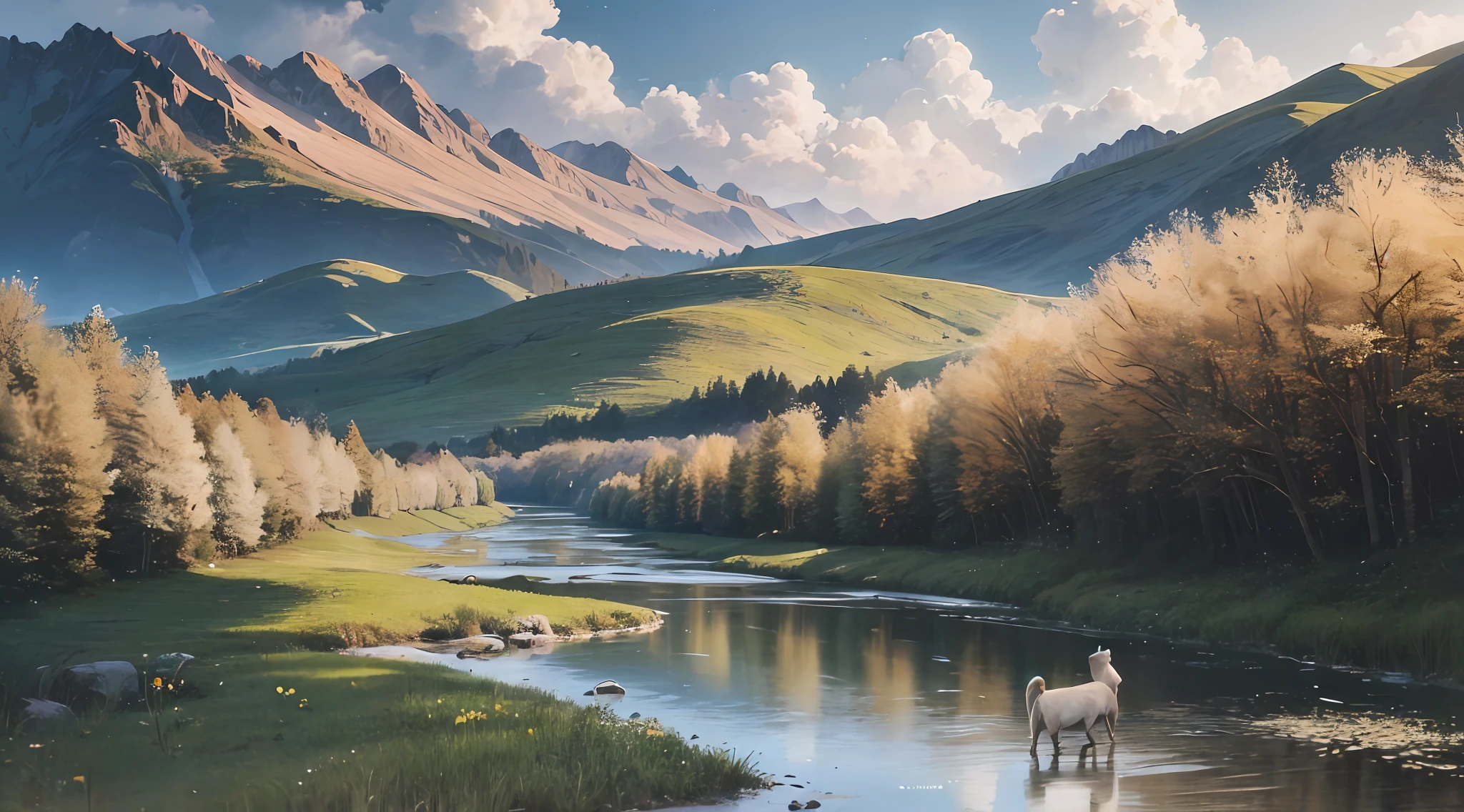 The shepherd leads the white flock to rest by the stream, near the vast green meadows, in the distance there is a valley of dark clouds, below the valley is the abyss, the abyss dark clouds, HD detail, hyper-detail, soft light, deep field focus bokeh, ray tracing. --v6