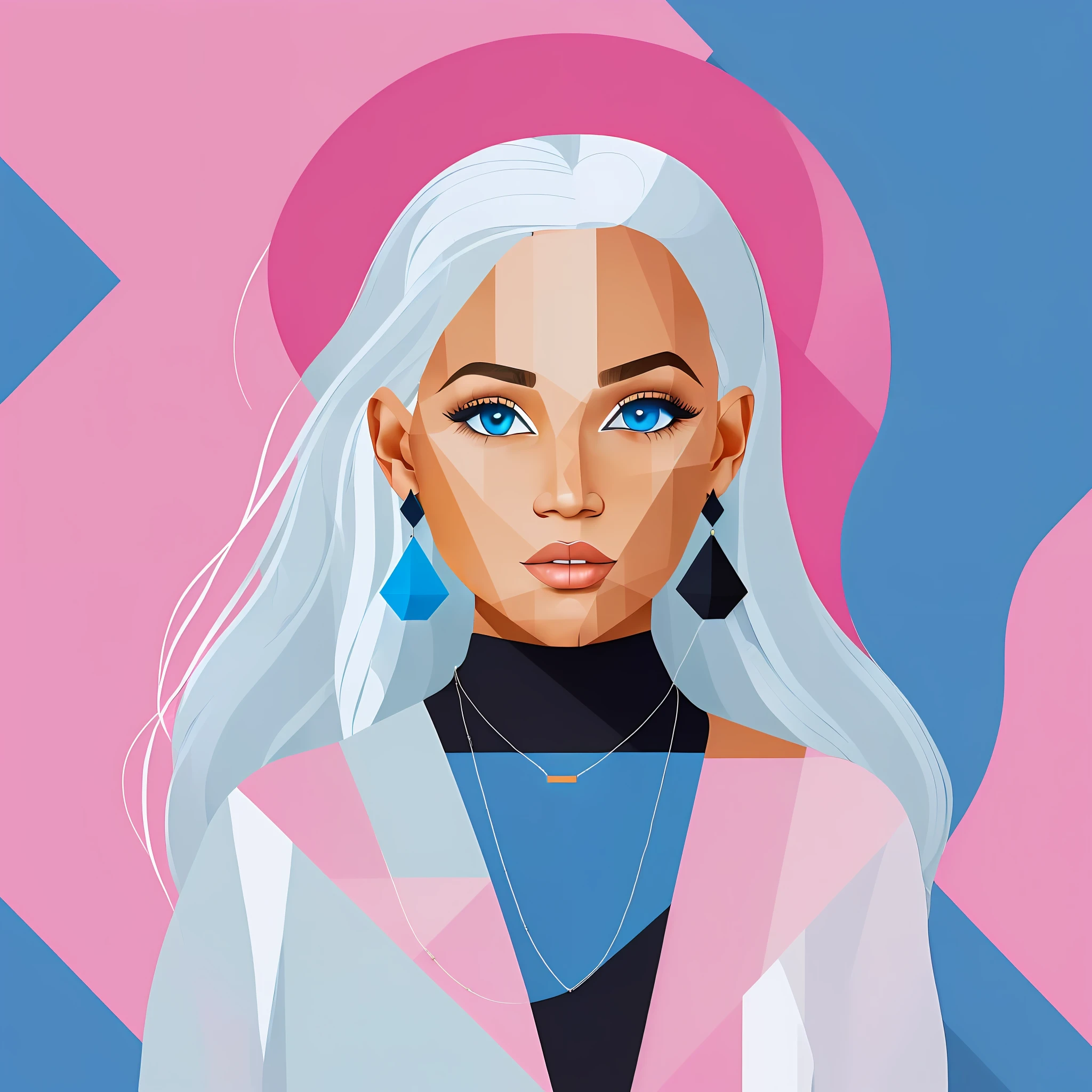 (flat illustration + geometric shapes + minimalism + Memphis style + a beautiful young girl looking forward + pale pink skin + long white hair + wearing earrings and necklaces + wearing berets + blue eyes + black t-shirt) + (blue background: 1.3)