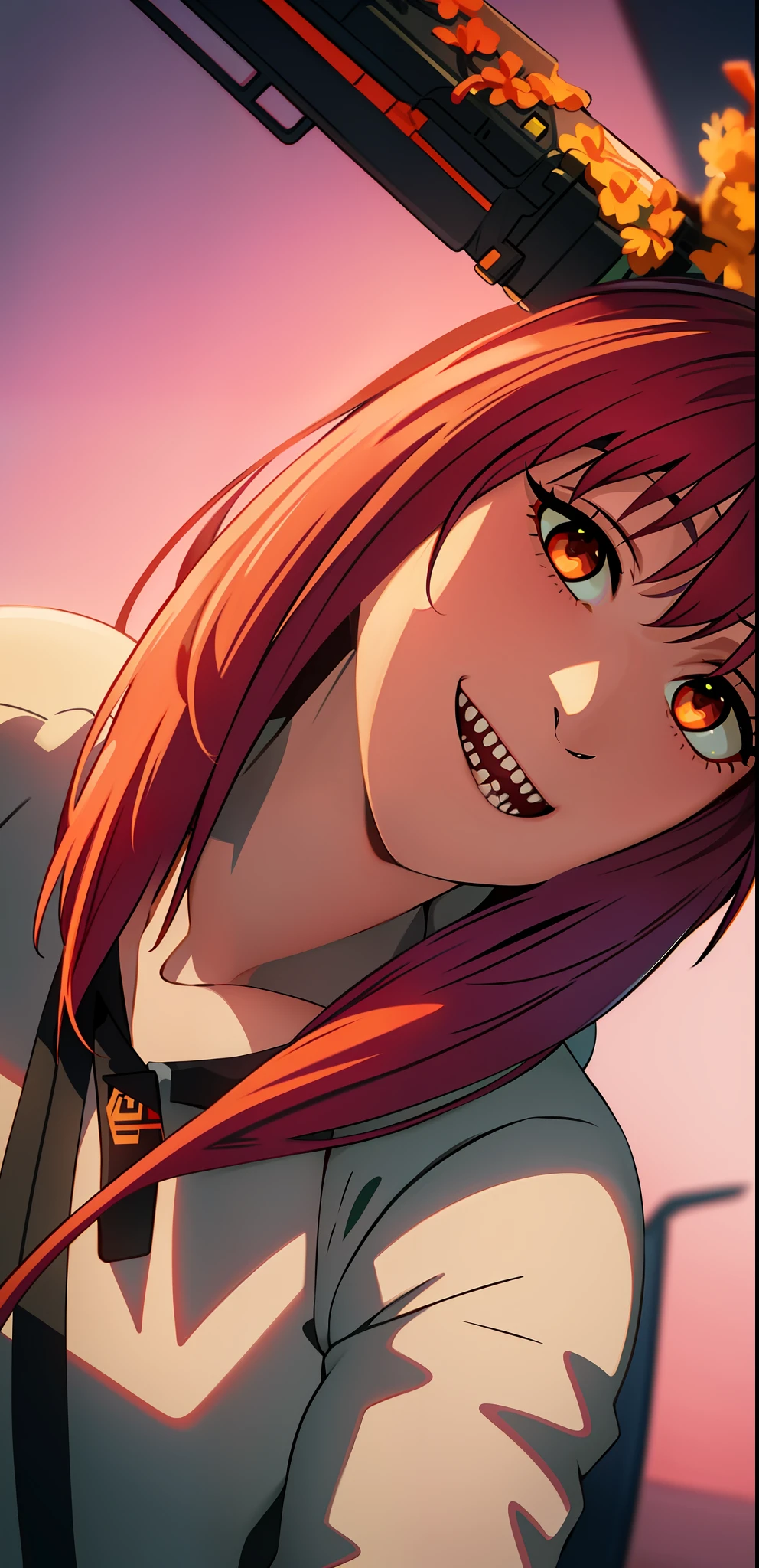 BoBa
((best quality)), ((masterpiece)), (detailed)
1girl, bangs, face, grin, long_hair, looking_at_viewer, open_mouth, sharp_teeth, simple_background, smile, solo, teeth 
red horns