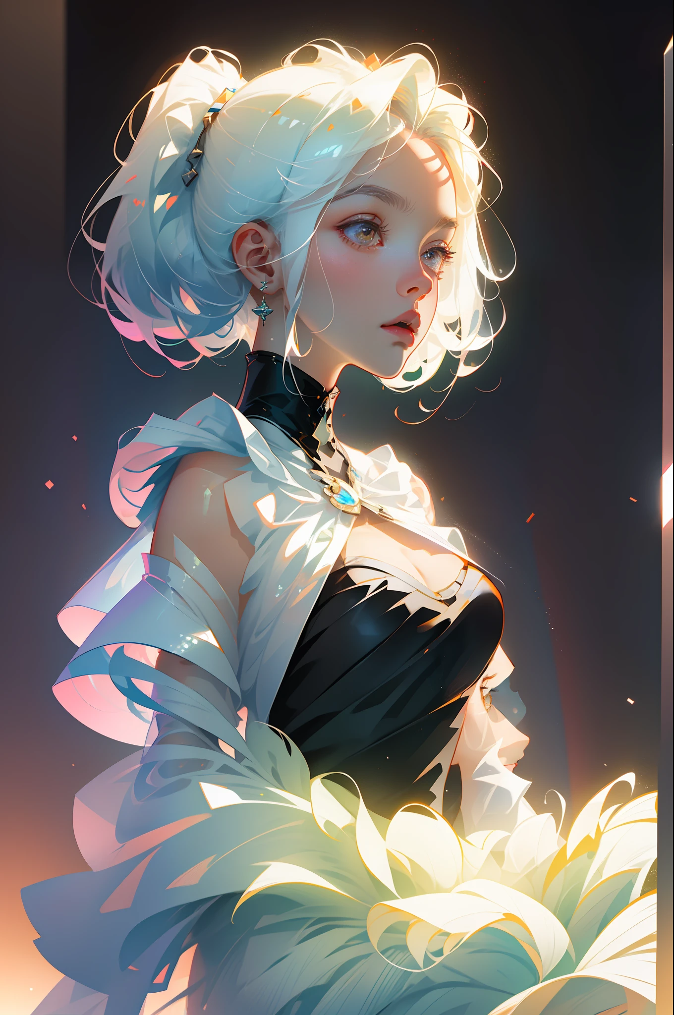 Highest quality,The perfect masterpiece,Perfect artwork,Official Works,8K,
(Upper Body Portrait:1.3),((Seen from the side:1.5)),close-up lens,Delicate face,
17 years old,White-haired girl,(hakuhatsu:1.5),short and medium hair,((White transparent eyes:1.5)),(white dress:1.2),(Transparent clothing:1.2),(Black background:1.3),
pearl illusion,Cyberpunk,fashion trend,3s material,high-definition,detail representation,c4d,3D,octane rendering,ray tracing,complex details,animated lighting,OCrenderer,